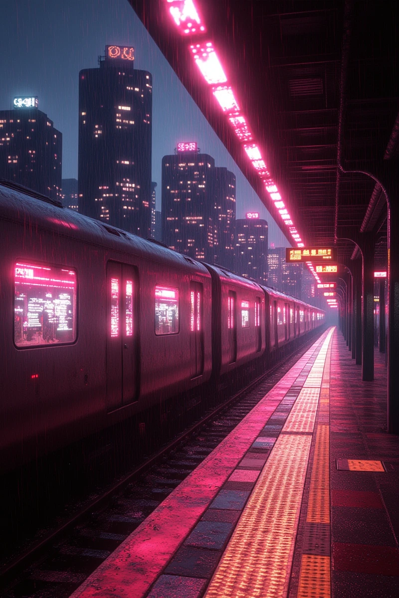 fg, this is a digital artwork depicting a futuristic, neon-lit train station at night. the scene is drenched in vibrant red and white lights, reflecting off wet surfaces, suggesting recent rain. the station's platform is empty, with a yellow tactile paving strip on the right. the background features towering buildings with illuminated windows, adding depth. the overall aesthetic is cyberpunk, with a moody, atmospheric feel.