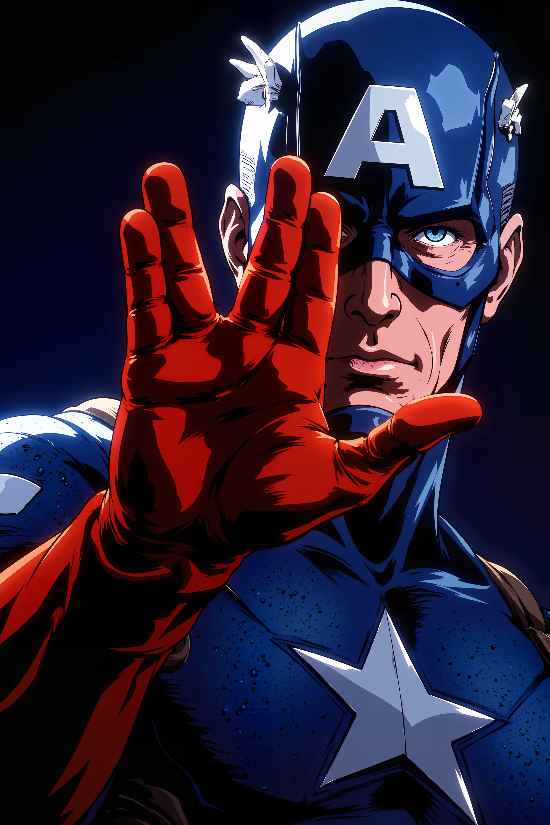 Captain America on a motivotional poster. He is giving a v-shaped vulcan salute hand gesture with fingers parted between the middle and ring finger and with extended thumb.Fantastic lighting. Detailed shadows.intricate details, vivid colors, hyper-detailed, ultra-sharp<lora:VULCANSALUTE_FLUX:1.3><lora:RetroAnimeFluxV1:0.3><lora:NeonFantasyFLUX:0.3>