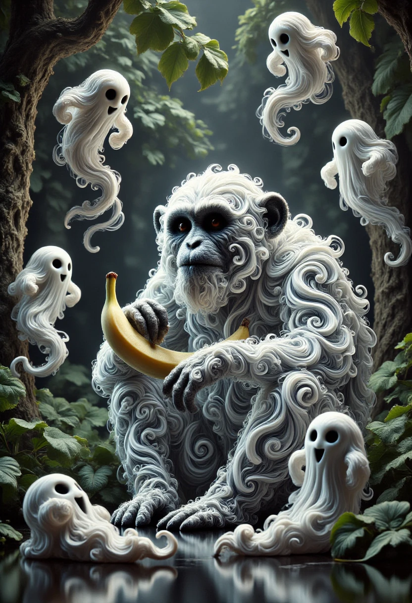 aidmafluxpro1.1, 
A monkey made of ghosts is eating a banana. The scene is set in a tropical forest, the setting is surreal with swirly ghosts flying around.
masterpiece, best quality