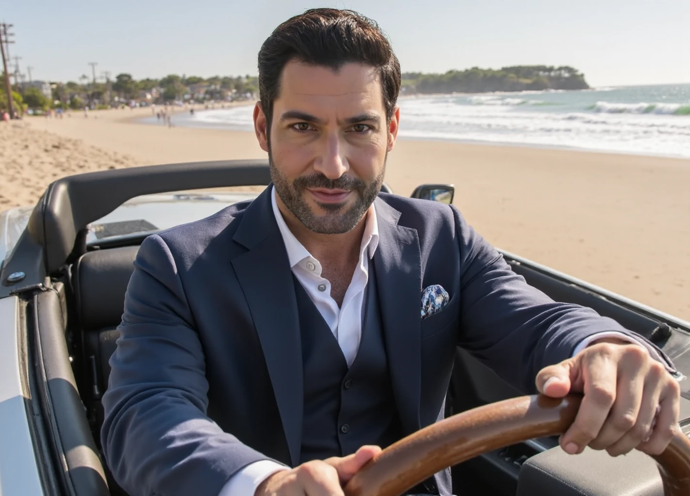 <lora:Lucifer:0.9> lucifer, a man with facial hair, wears a suit and is driving a convertible sports car along the beach