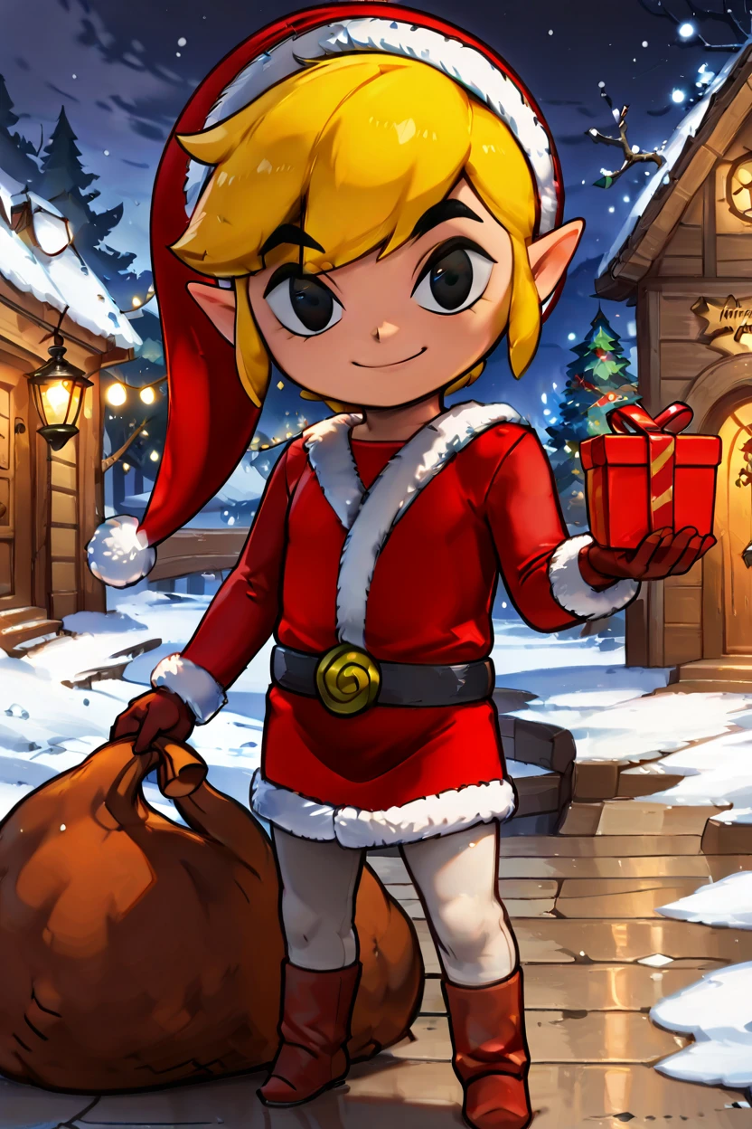 masterpiece, best quality,   zzSantaLink, 1boy, solo,   Santa Link, smile, gloves, hat, black eyes, christmas, gift, santa costume, snowy village, holding gift sack, sparkling snow, glowing streetlights, festive atmosphere     ,smile, looking at viewer,   <lora:SantaLinkIXL_v2:1.0>,