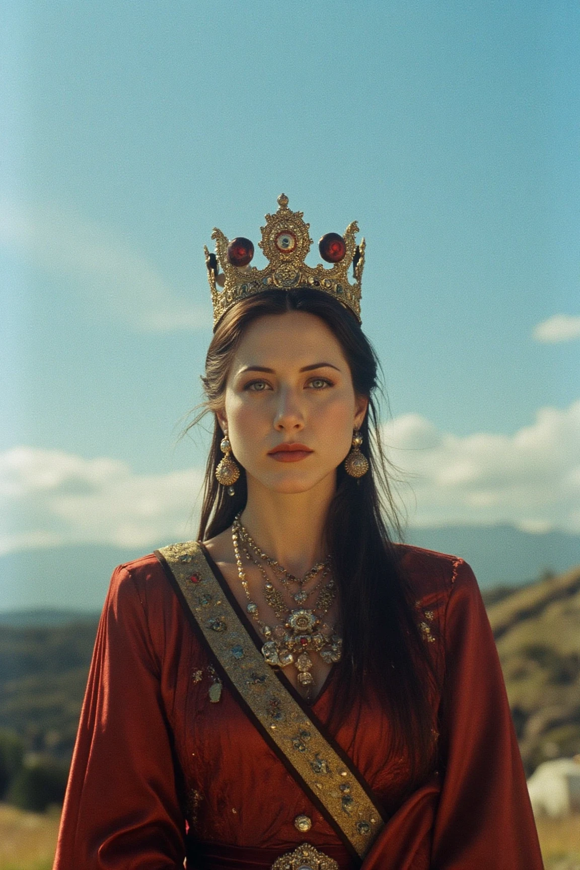 film shot of a beautiful queen stands tall, her attire glistening under soft even lighting. Her medium-bodied figure is centered in a medium-shot, as she locks eye contact with the viewer, her gaze piercing through the landscape behind. Every detail of her face and eyes are meticulously rendered, inviting us into this world. blue sky.