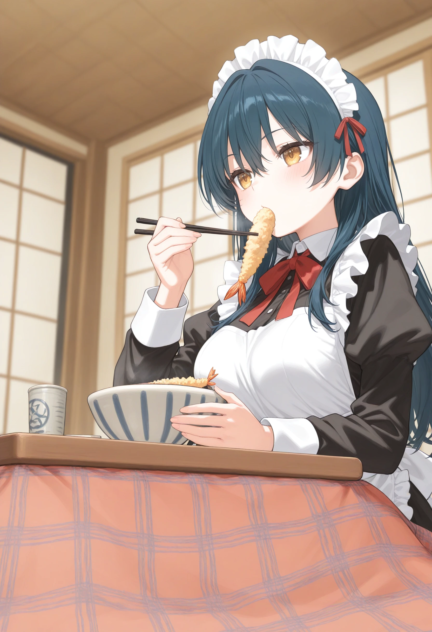 1girl,(sho \(sho lwlw\):0.7),(toosaka asagi:0.5),(sincos:0.3),solo,
masterpiece, best quality, newest, absurdres, CG, anime, source anime, illustration,
maid, maid headdress,medium breasts,
soba, table, eating, kotatsu, noodles, holding chopsticks, bowl, long sleeves, shrimp tempura, steam, kamaboko, food in mouth, hand up, under table,  <lora:soba_Illust_v1:0.8>
ceiling, feet out of frame, looking away, blue hair, golden eyes,frustrated, open mouth, disheveled hair,