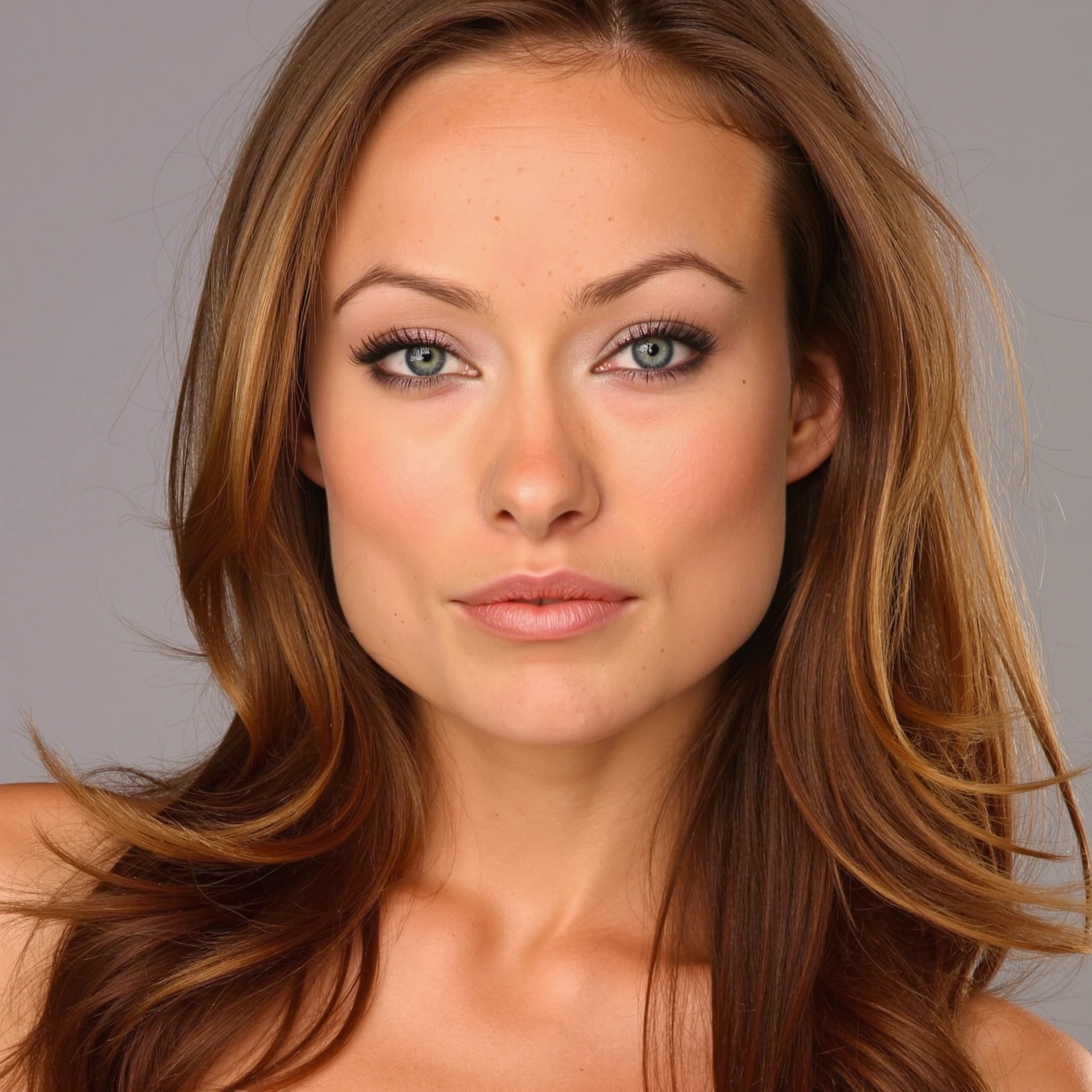 Closeup studio portrait of a woman with long wavy hair. Her eyes and lips are the main focus of the photograph.