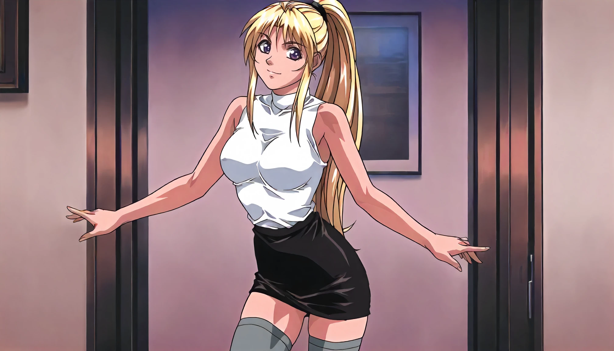 <lora:BB_saeki_kaoriXLIllustrious003>,
underwear only,masterpiece,best quality,good quality,newest,
detailed background,glitter,
smile,
looking at viewer,
solo,
anime coloring,retro artstyle,2000s (style),
saeki_kaori\(bible_black\),1girl,blonde hair,high ponytail,purple eyes,
white turtleneck sleeveless shirt,
black pencil skirt,
gray_thighhighs,
standing,