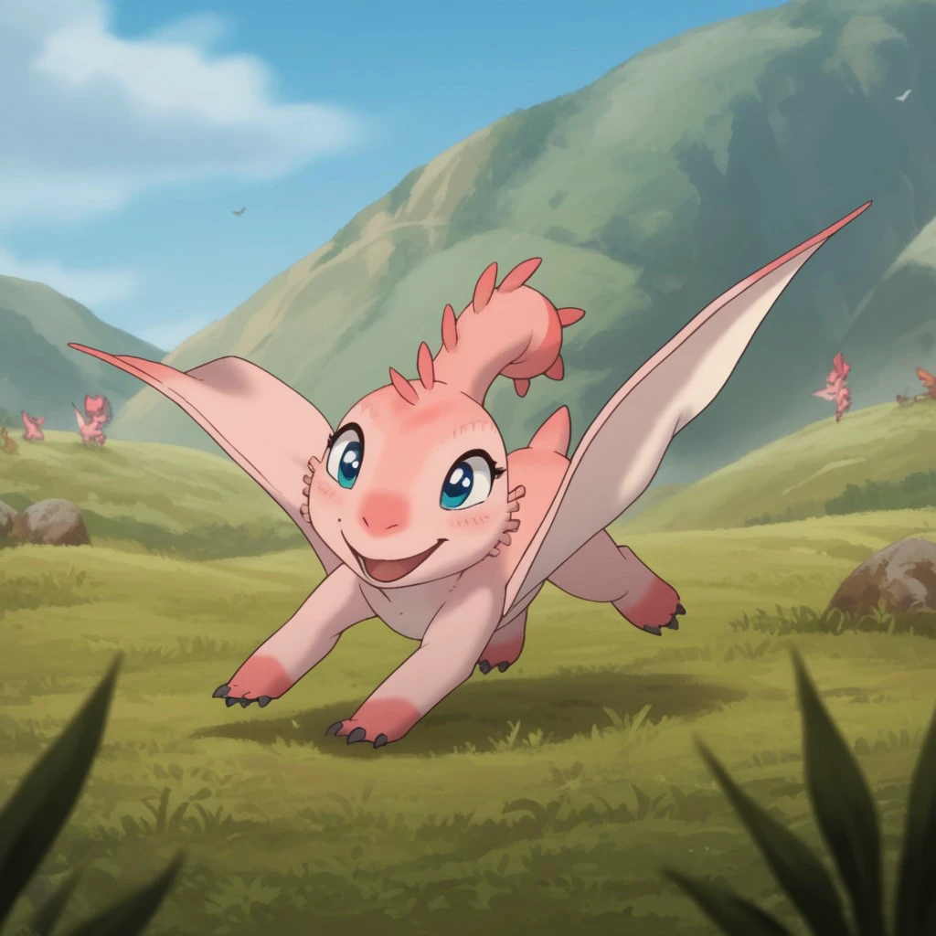 score_9, score_8_up, score_7_up, score_6_up, score_5_up, score_4_up, source_furry,MTPunonv2, feral, female, Pteranodon, pink skin, wings, winged arms, blue eyes, crest, outside, dancing, in a field,