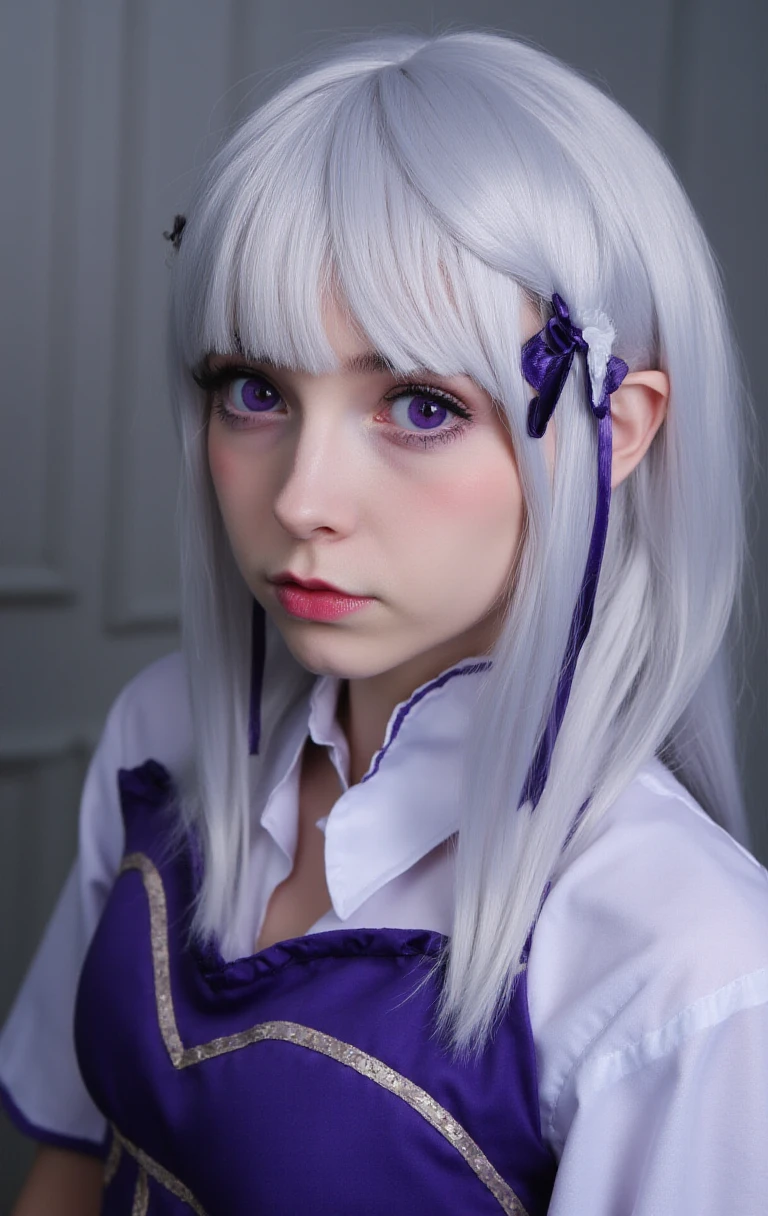 RealEmiliaFlux, purple eye, white hair, <lora:RealEmiliaFlux:1>