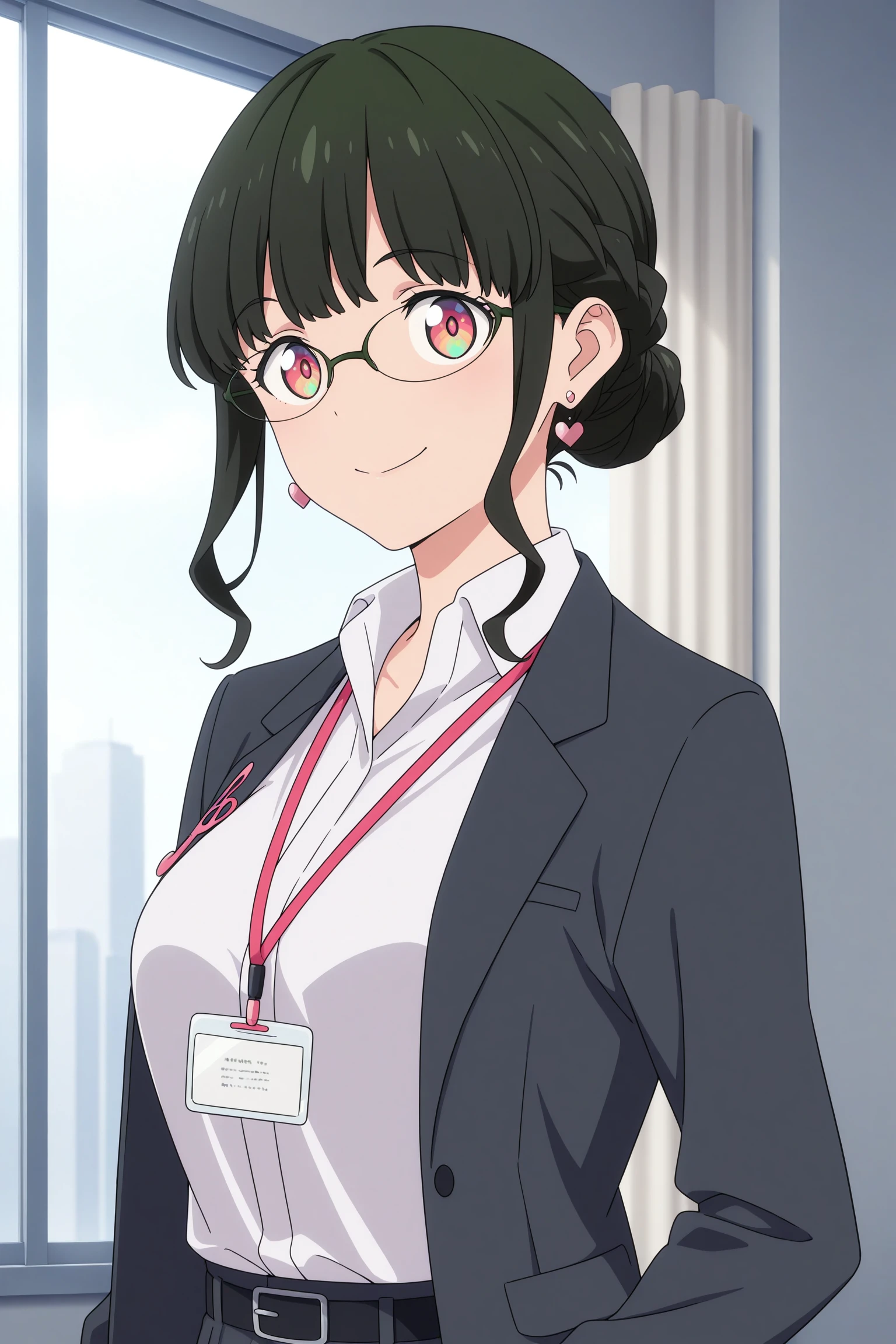 masterpiece, best quality, amazing quality, highres, absurdres, very aesthetic, high resolution, ultra detailed, perfect details, 1girl, indoors, medium breasts, anosillus the 2nd, dark green hair, short hair, half up braid, single hair bun, blunt bangs, sidelocks, multicolored eyes, glasses, heart earrings, grey jacket, musical note ornament, treble clef, white shirt, collared shirt, lanyard, open jacket, belt, grey pants, white footwear, flats, <lora:Anosillus_the_2nd_ILXL:0.8>, (aged up:1.2), (upper body:1.4), (pose:1.2), smile