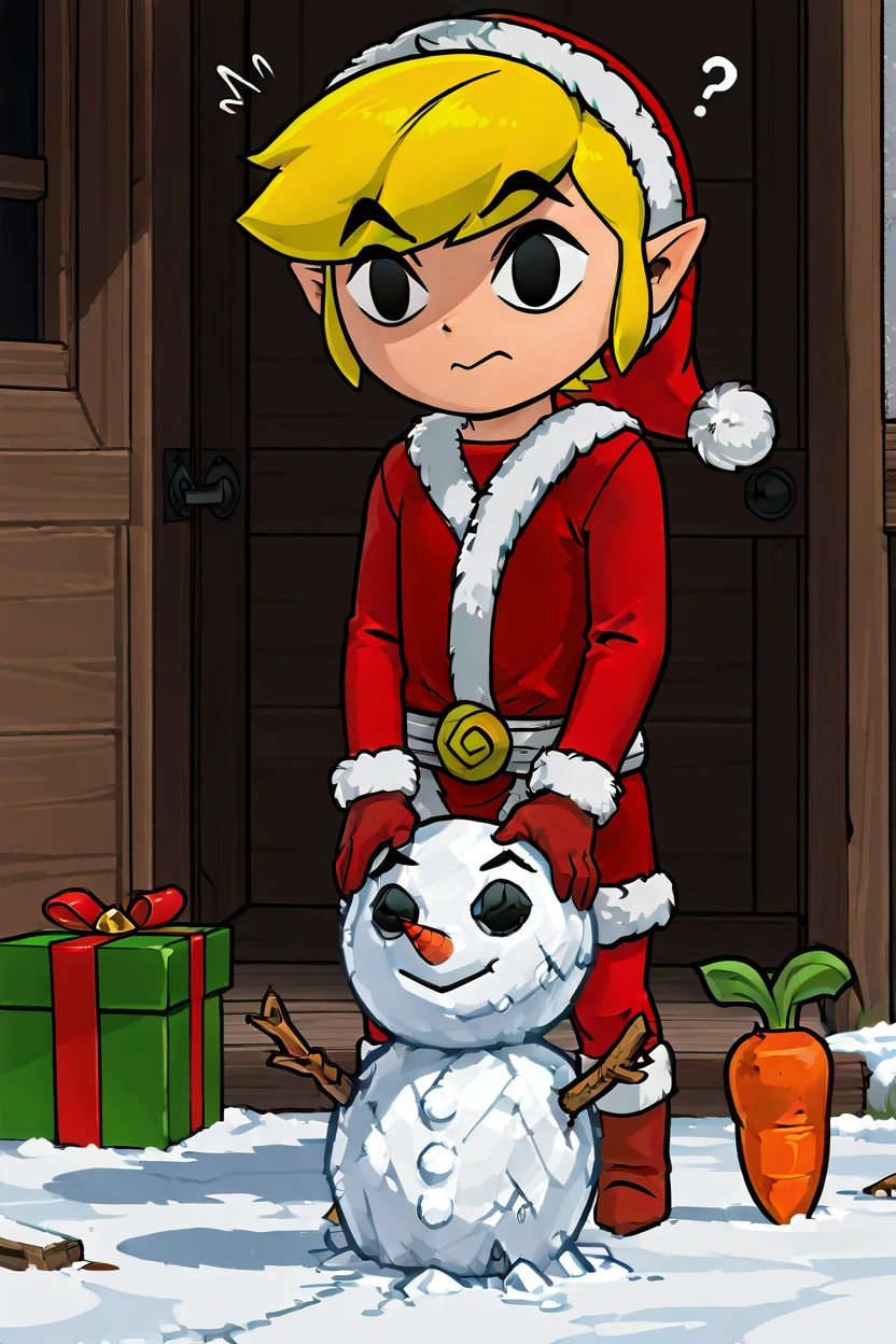 masterpiece, best quality,  zzSantaLink, 1boy, solo,   Santa Link, confused expression, gloves, hat, black eyes, christmas, gift, santa costume, holding a snowmanâs carrot nose, snowman looking angry, broken snowman pieces around, snowy field    ,<lora:SantaLinkIXL_v2:1.0>,