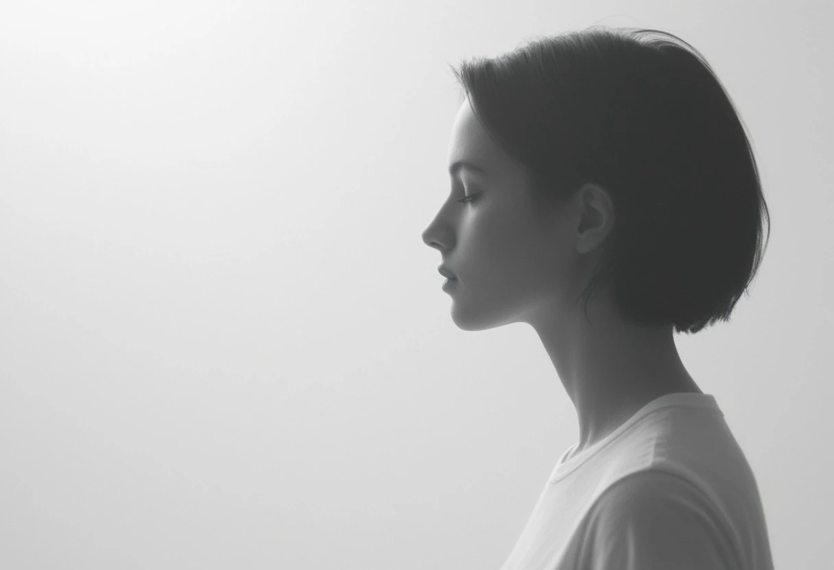 an aesthetic, minimalist depiction of a female profile in side view. she wears a t-shirt. The focus is on the soft contours and calm, monochromatic tones. The scene feels mystical and dreamy, almost as if viewed through a delicate mist, with gentle light accentuating the silhouette. The background is diffuse and creamy white, drawing attention to the elegant simplicity of the figure.