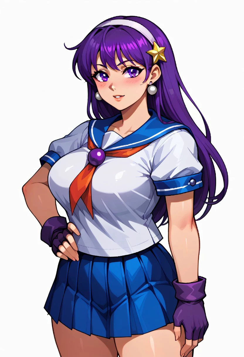 score_9, score_8_up, score_7_up,BREAK source_anime,white background,shiny_clothes,shiny_skin, fingers, detailed hands,alone,large breast,,,estilocps3,pixel art,128 bits,pixelation, perfect body, perfect face, perfect_eyes,perfect_hands,shiny_clothes,shiny_skin,best quality,amazing quality,very aesthetic,AsamiyaSchool,Long hair,purple hair,purple eyes,pearl shaped earrings ,School uniform, serafuku, hair band, star hair ornament,star (symbol),blue sailor collar, white shirt, short sleeves, blue pleated skirt, short skirt, fingerles gloves,hand on hip