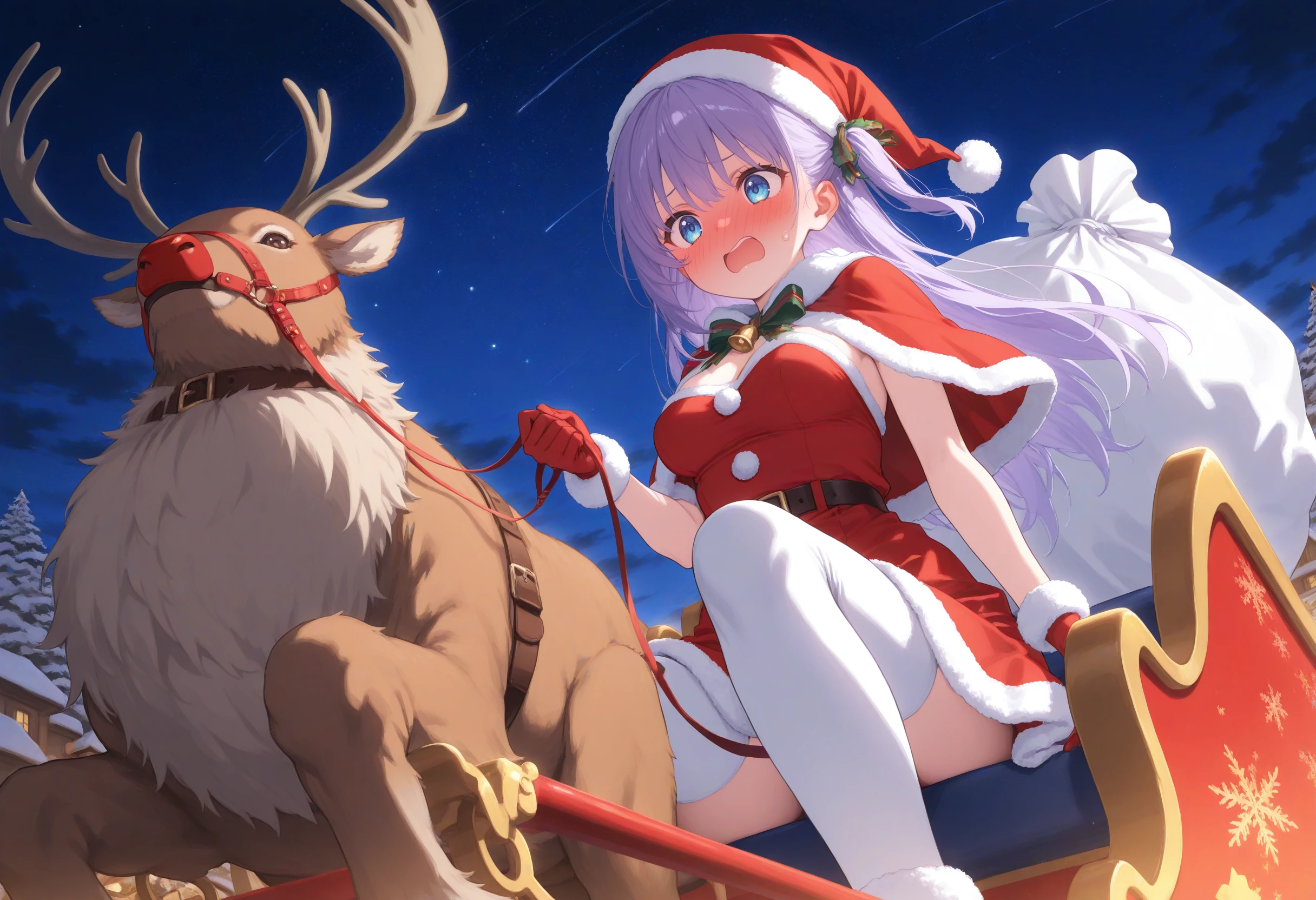 1girl,(sho \(sho lwlw\):0.7),(toosaka asagi:0.5),(sincos:0.3),solo,
masterpiece, best quality, newest, absurdres, CG, anime, source anime, illustration,
medium breasts,
santa hat, santa costume, sleigh, reindeer, capelet, sack, christmas, leash, star (sky), night, starry sky, night sky, flying, sitting, outdoors, <lora:sleigh_Illust_v1:0.8>
from below, cowboy shot, looking away, purple hair, blue eyes,full-face blush, open mouth, one side up hair,