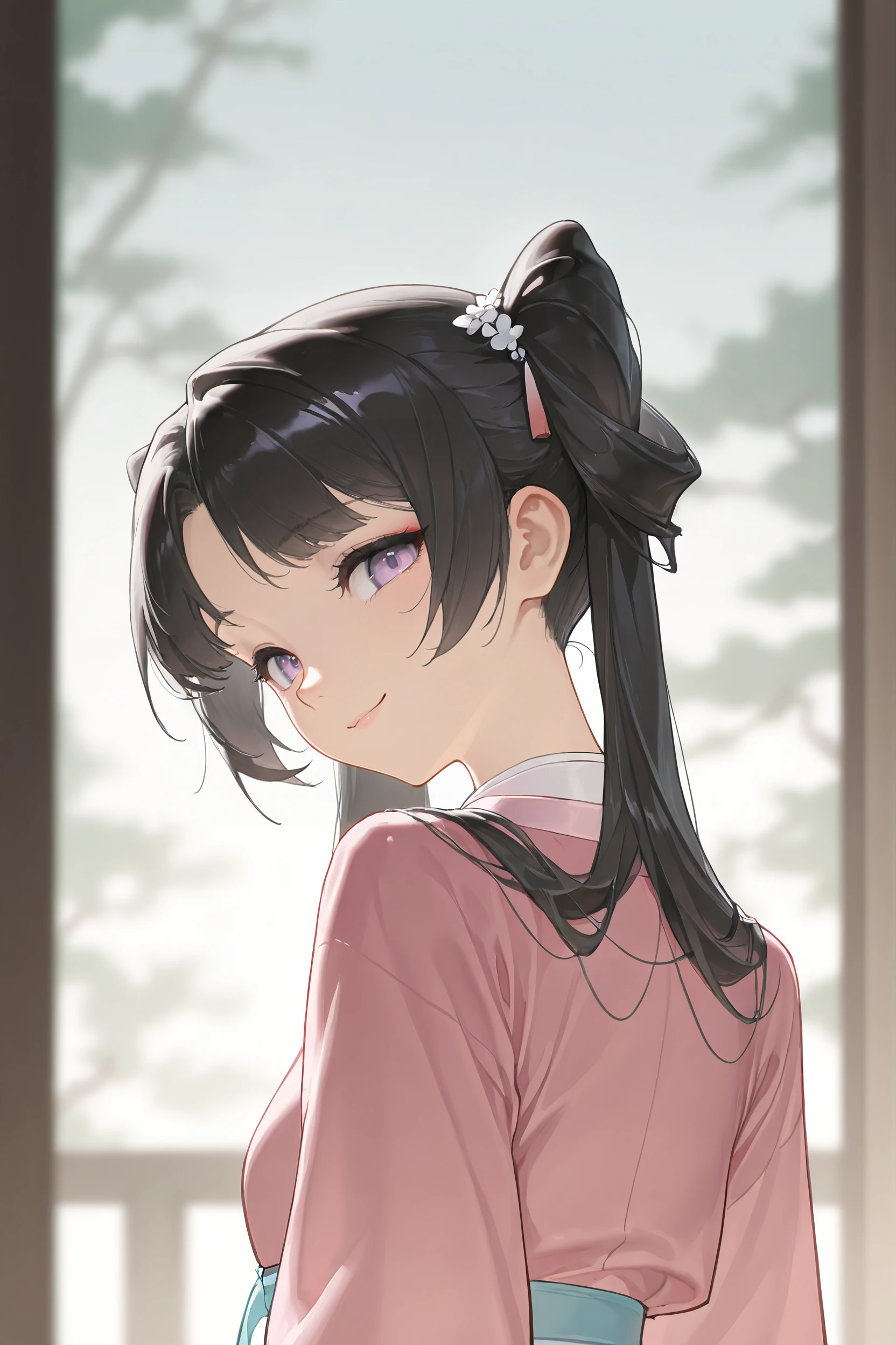 masterpiece, best quality, newest, absurdres, highres, 1girl, solo,
long hair, meigetsu twintails, black hair, light purple eyes,
 qixiong ruqun, hanfu, (light pink clothes:1.3),
looking at viewer, smile, from back, upper body,
 <lora:MeigetsuMikuTwintalsIllustriousV1:1>