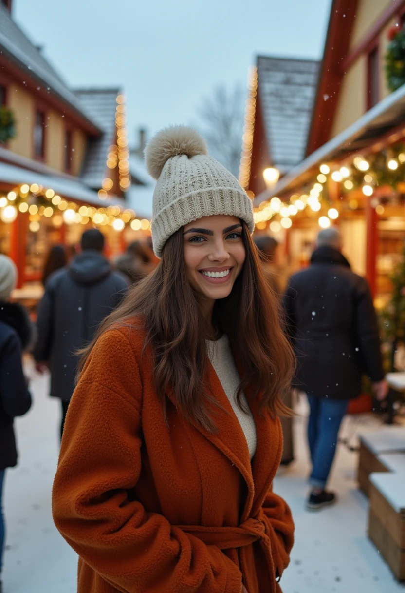 This is a high-resolution photograph taken in a snowy winter street market setting. The central figure is a young woman with long, wavy hair, wearing a cozy, oversized, rust-colored wool coat. She has a warm smile and is looking directly at the camera. Her head is adorned with a cream-colored knit beanie with a pom-pom on top. Snowflakes are gently falling, adding to the festive atmosphere.

In the background, the scene is filled with twinkling, warm-colored fairy lights, creating a magical, festive glow. The lights are strung across the street, illuminating the scene and adding a cozy, inviting ambiance. The buildings on either side of the street are adorned with Christmas decorations, including wreaths and garlands. The architecture is charming, with wooden facades and red roofs, typical of a European-style market.

In the distance, several people dressed in winter coats and hats are walking or standing, adding to the lively scene. The ground is covered in a thick layer of snow, creating a serene, wintry landscape. The overall mood of the photograph is warm, festive, and inviting, capturing the essence of a magical winter evening. 0L1V31R4