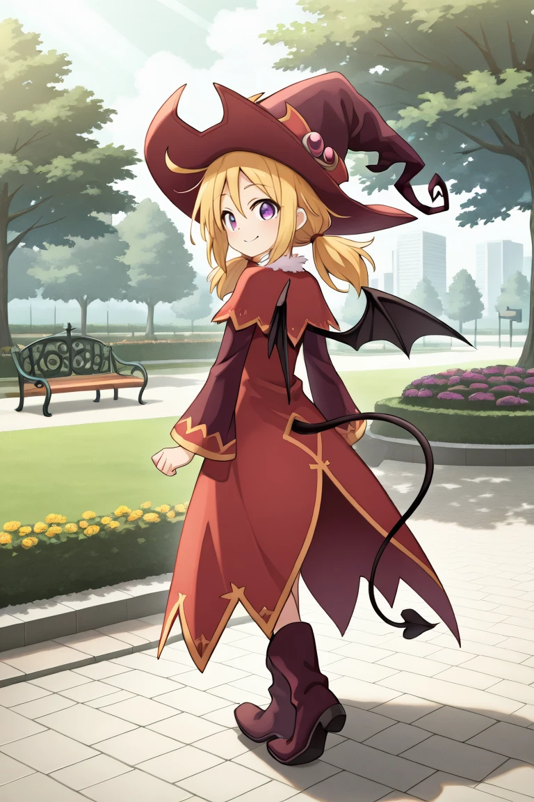 widef, 1girl, blonde hair, low twintails, purple eyes, witch, red witch outfit, witch hat, bat wings, tail, high-low skirt, boots, solo, masterpiece, from behind, best quality, amazing quality, very aesthetic, high resolution,