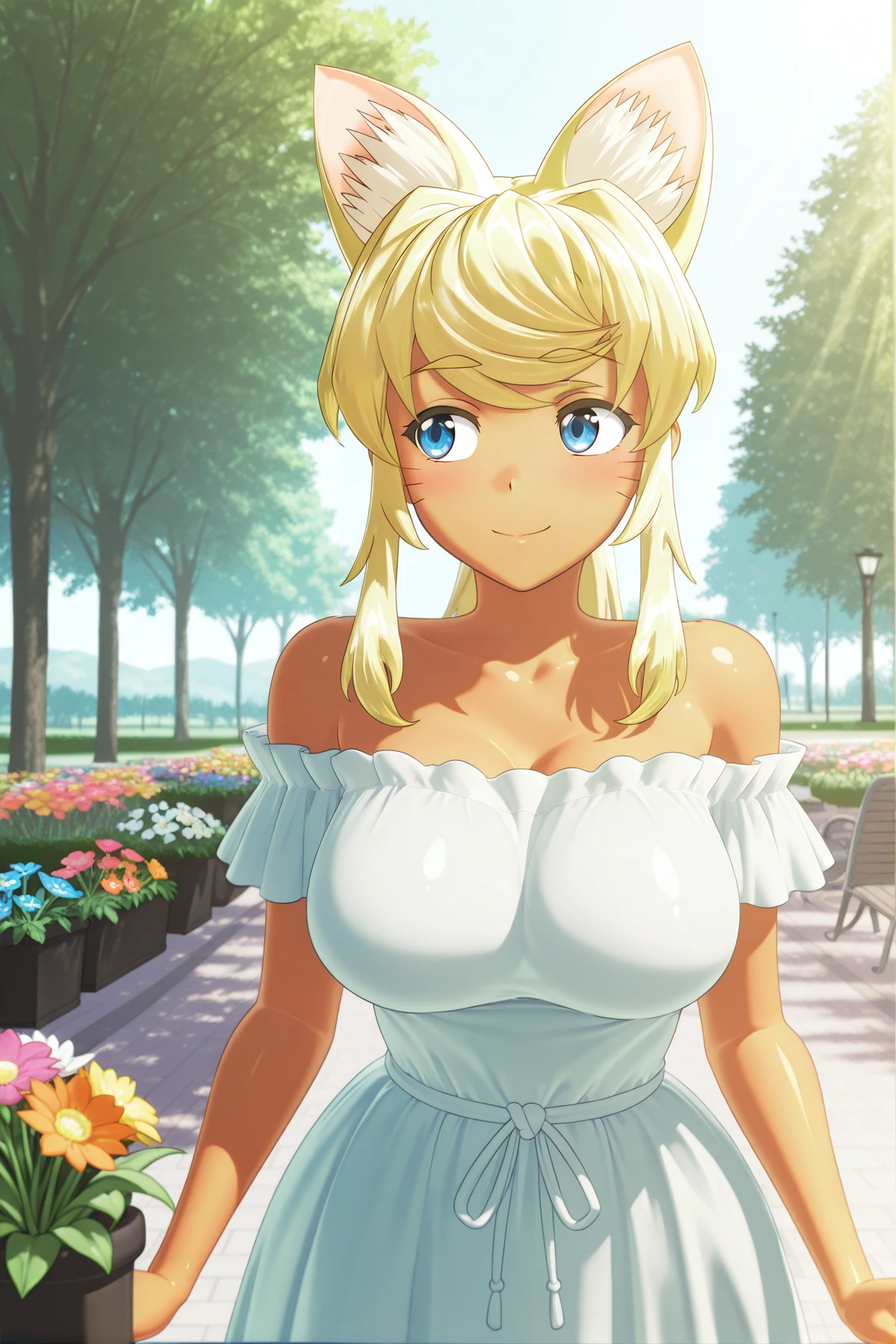 <lora:Liru-Illustrious:1> liru, blonde hair, animal ears, wolf ears, large breasts, dark skin, wolf girl, dark-skinned female, long hair, extra ears, blue eyes
A wholesome photograph of a girl joyfully playing in a park, sunlight gently illuminating her face, wearing a cute dress that is stylish yet modest, showcasing a vibrant and cheerful atmosphere, surrounded by lush greenery and colorful flowers, capturing the essence of happiness and tranquility, soft focus, natural lighting, high resolution, SFW, vibrant colors, serene mood., safe_pos, score_9, score_8_up, score_7_up, epic photograpy, extremely detailed, high quality, absurd res, high res, masterpiece,best quality,amazing quality, absurdres, 8k, zPDXL2, zPDXLpg, zPDXLrl