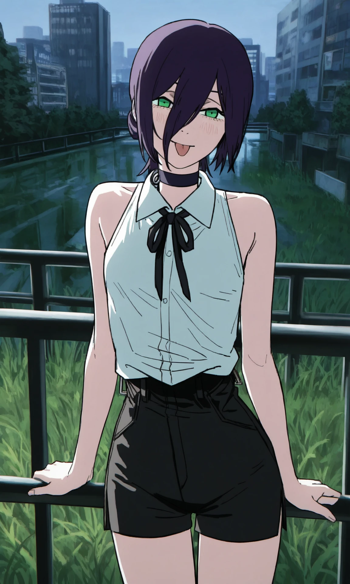 reze \(chainsaw man\), rezeanime, chainsaw man, 1girl, green eyes, medium hair, hair between eyes, single hair bun, choker, narrowed eyes, blush, tongue out, collared shirt, sleeveless shirt, neck ribbon, high-waist shorts, cowboy shot, leaning back, railing, city, grass, tree, mature female, skinny, (masterpiece, best quality, very awa, recent:1.0)