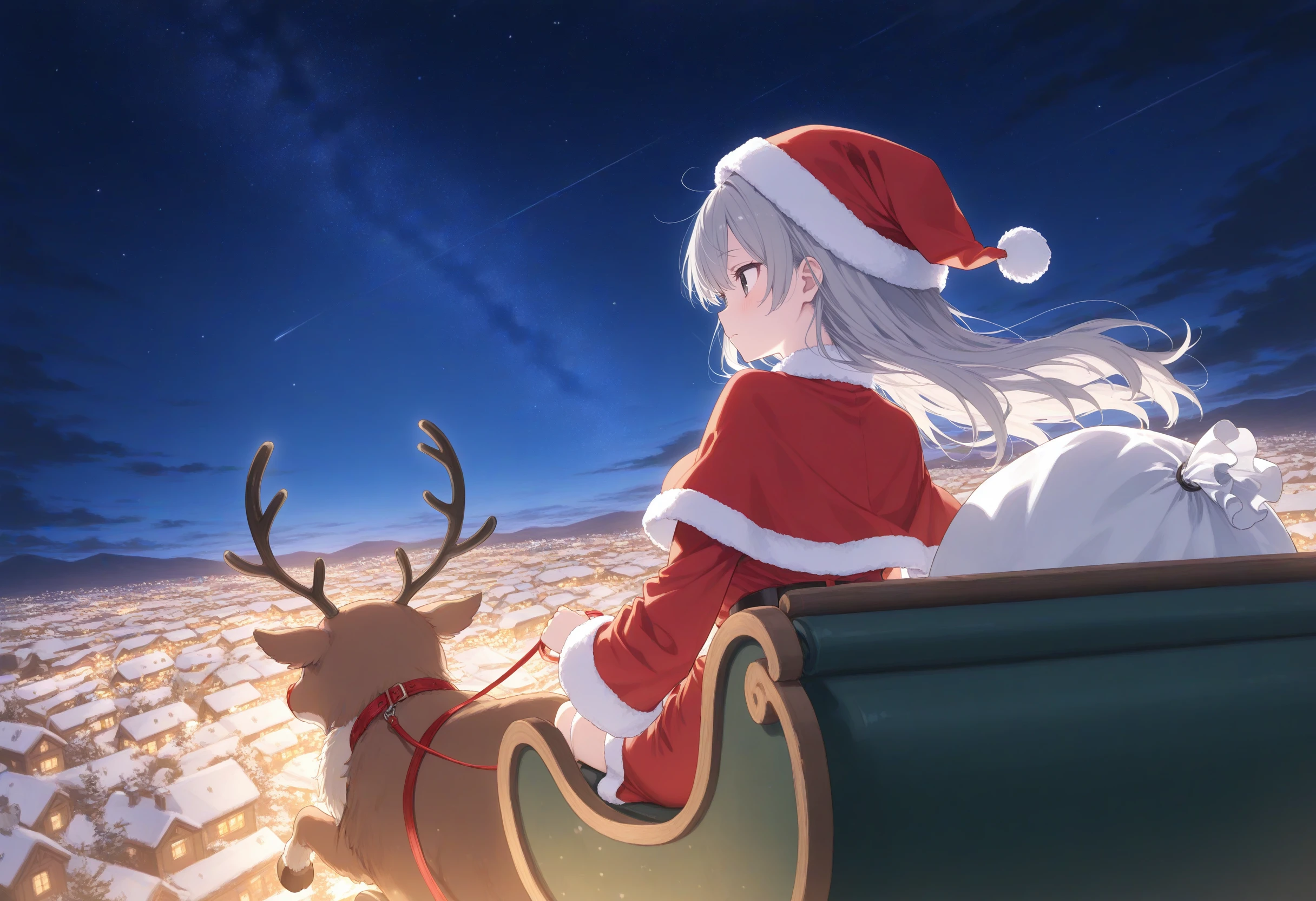 1girl,(sho \(sho lwlw\):0.7),(toosaka asagi:0.5),(sincos:0.3),solo,
masterpiece, best quality, newest, absurdres, CG, anime, source anime, illustration,
medium breasts,
santa hat, santa costume, sleigh, reindeer, capelet, sack, christmas, leash, star (sky), night, starry sky, night sky, flying, sitting, outdoors, <lora:sleigh_Illust_v1:0.8>
from behind, cinematic angle, looking down, gray hair, black eyes,despair, closed mouth, disheveled hair,