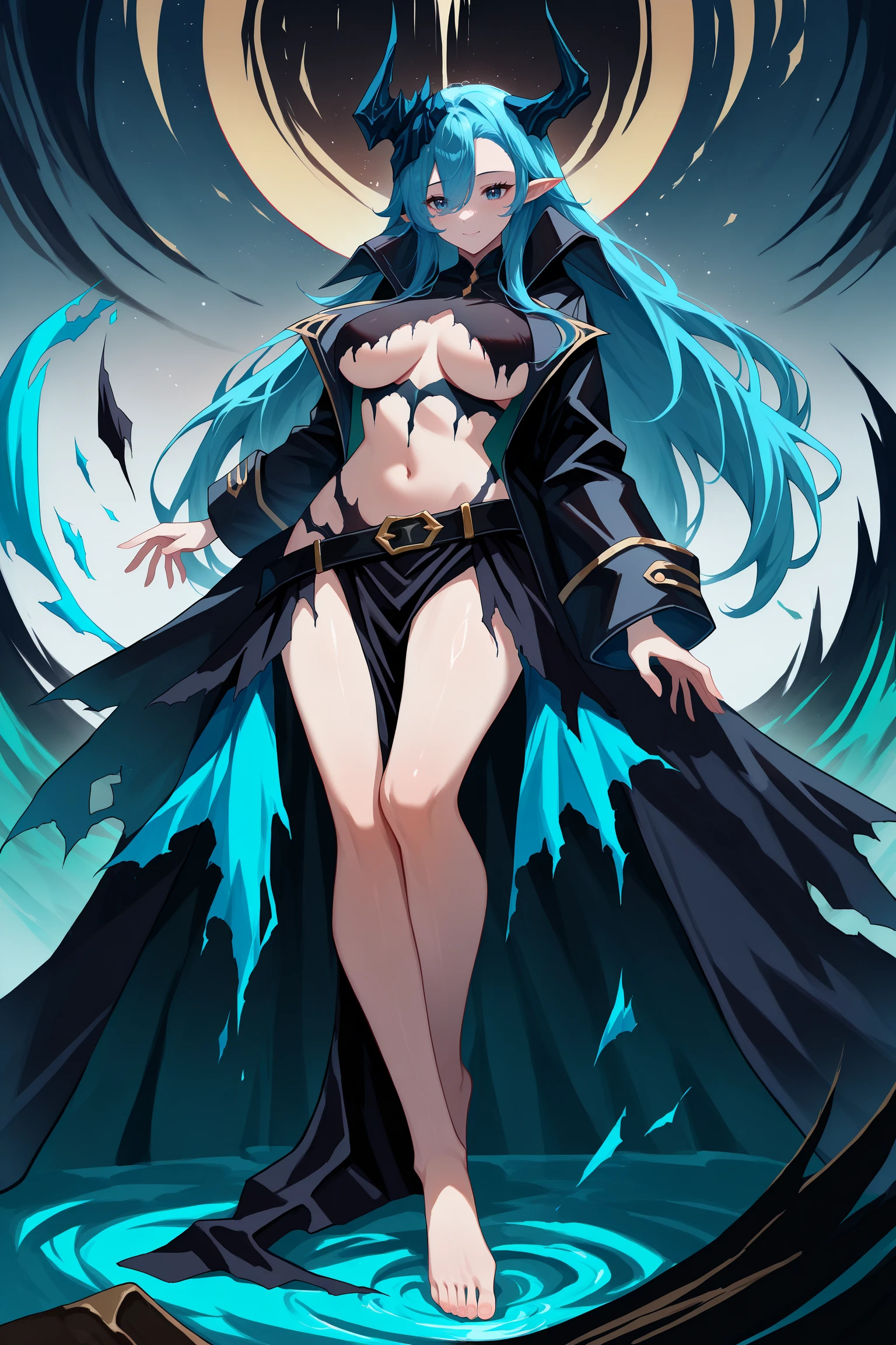 Very cute magician girl，(Large Breastagic Hat，Perfect body，(Sky blue long hair)，(Deep blue eyes)，High Detail，high quality，(Blue cape)，(Navel:1.5)，(Exposing breasts:1)，(Black lace underwear)，Short dark blue skirt，Black suspender stockings，Shy