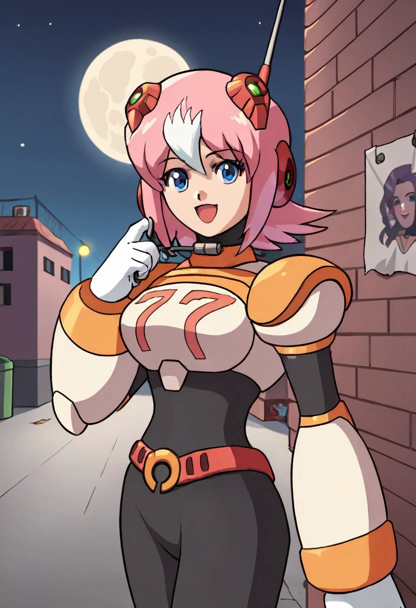 score_9, score_8_up, score_7_up, score_6_up, score_5_up, anime screencap, anime coloring, source_anime, retro_artstyle,
NanaMMX, 1girl, android, robot joints, pink hair, white hair, two-tone hair, multicolored hair, antenna, robot ears, blue eyes, white armor, black bodysuit, belt, white gloves
upper body, close-up, face focus, looking at viewer, standing, happy, dark alley, garbage, paper, trash cans, graffiti, torn posters, detailed background, night sky, stars, black sky, moon, moonlight, moon's ray, dim lights, cityscape