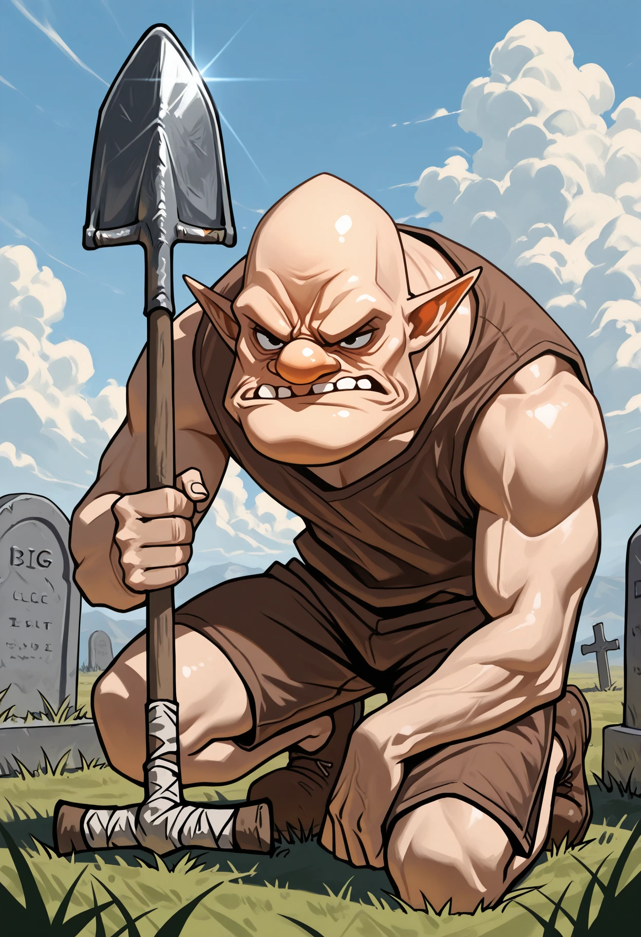 masterpiece, best quality, 1boy, holding shovel, planted, angry, glint, on one knee, <lora:DampeLoZ-illu-000013:1> dampe, bald, big nose, pointy ears, black eyes, teeth, brown shirt, sleeveless shirt, (muscular:0.8), brown shorts, shoes, brown footwear, tombstone, day, grass, cloud