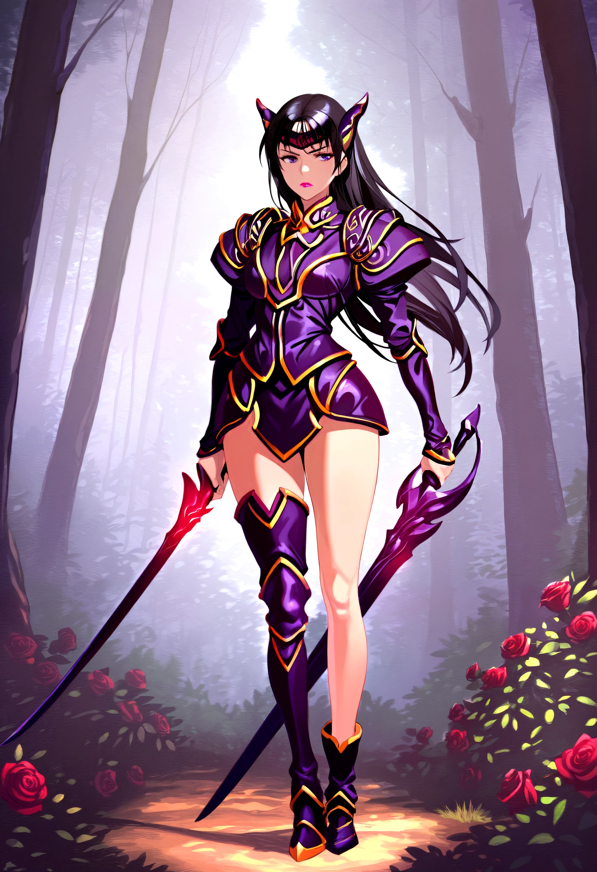 score_9, score_8_up, score_7_up, 8k, masterpiece, detailed character, detailed background,  <lora:Rose_The_Legend_of_Dragoon-000003>, Rose_(Dragoon), 1girl, solo, black hair, single thighhigh, white background, full body, purple armor,  single boot, horns, lipstick, purple eyes, headband, long hair, forest, holding sword,serious