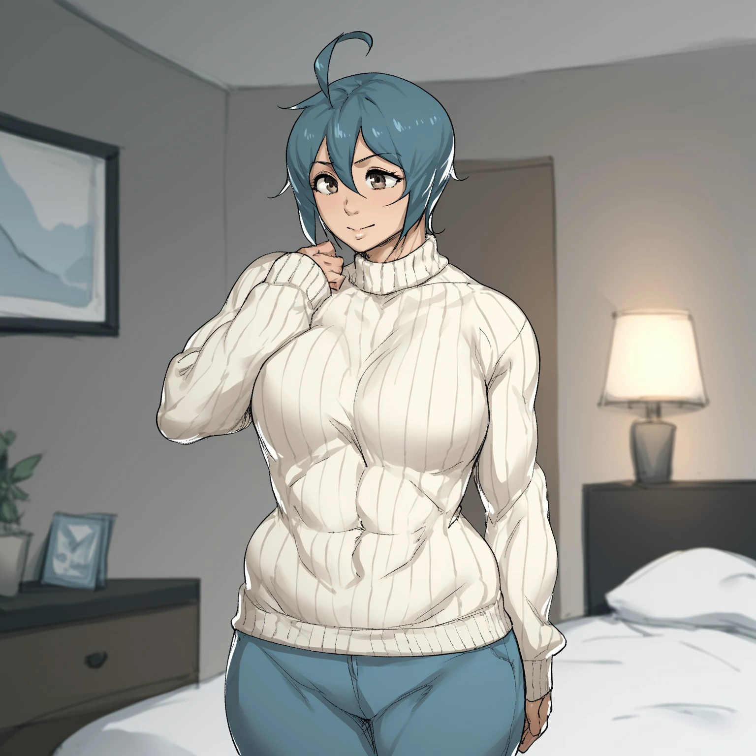 score_9, score_8_up, score_7_up, 1girl, natsumi, vers_1, blue haired female, short hair, ahoge, housewife, cowboy shot, bedroom, abs, sweater