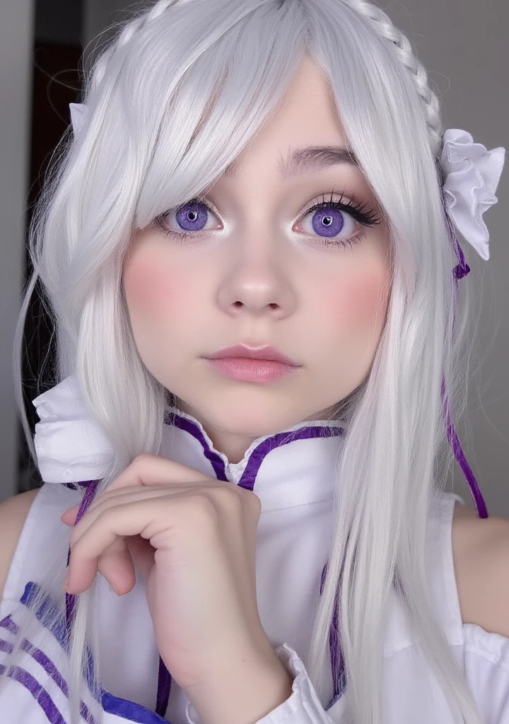 RealEmiliaFlux, purple eye, white hair, <lora:RealEmiliaFlux:1>