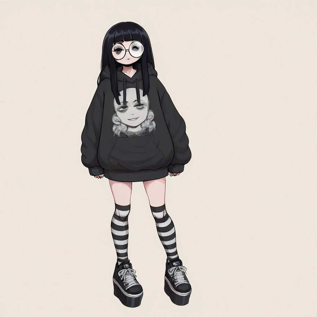 1girl, Asian, cute emo girl, blunt bangs, long hair, black hair, round eyeglasses, oversized hoodie, striped knee socks, platform sneakers