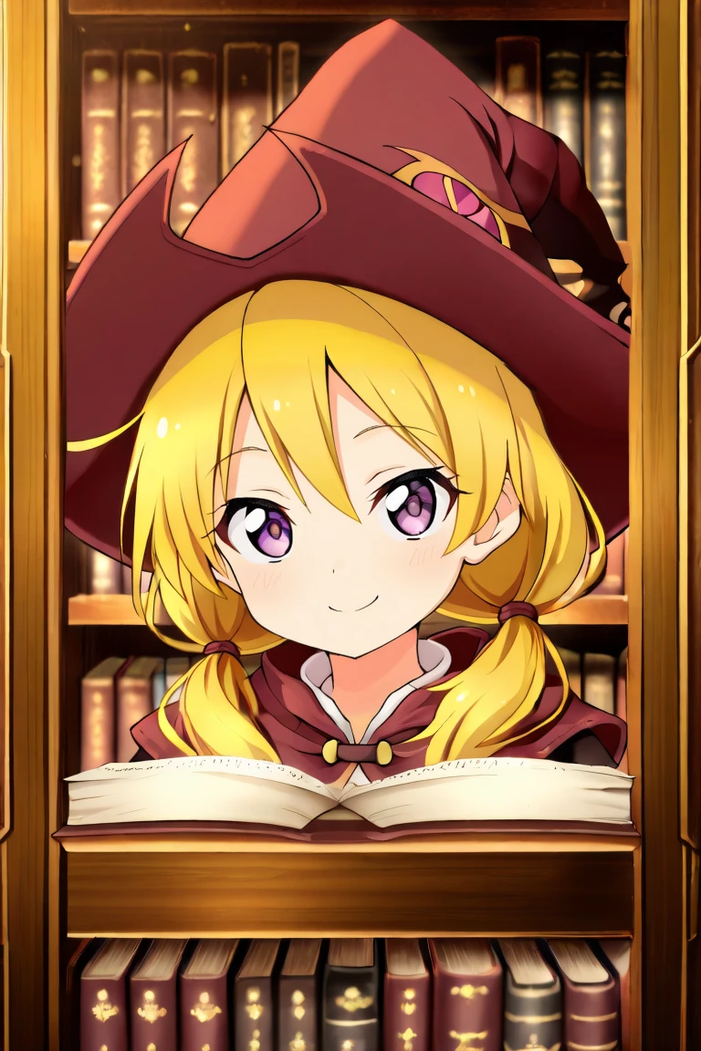 <lora:WitchYggIL:0.8> , widef, 1girl, blonde hair, low twintails, purple eyes, witch, red witch outfit, witch hat, close-up, face, looking at viewer, serene, elegant, graceful, smile, detailed background, highly detailed, interior, library, bookshelves, , solo, masterpiece, best quality, amazing quality, very aesthetic, high resolution,