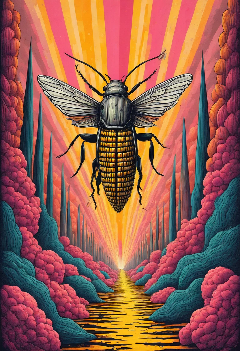 PschadelicPopSurrealism, with vibrant linoprint colors.  psychotropic impression of a European Corn Borer in A maintenance environment with black and yellow stripes signaling construction infused with Dirt Brown and Grapefruit Pink expressed in geometric shapes. Various parts of the image emits beams of Wood Brown and Warm Gray colored light.   The piece should feel as though it's stepping out of a surreal dream, with each element feeling random yet cohesive in a Pop Surrealist way. Well aligned to Pop Surrealism, Psychedelic Pop, with a touch of photoreal mixed in