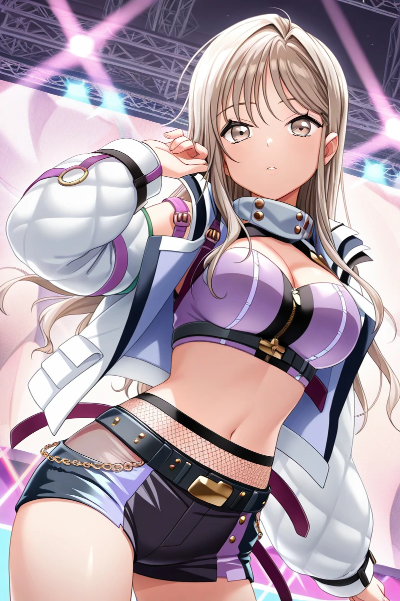 masterpiece,best quality,amazing quality,,
 <lora:HayateIL:1> hayate, 1girl, breasts, solo, cleavage, shorts, long hair, navel, fishnets, looking at viewer, jacket, large breasts, crop top, midriff, short shorts, white jacket, stage outfit