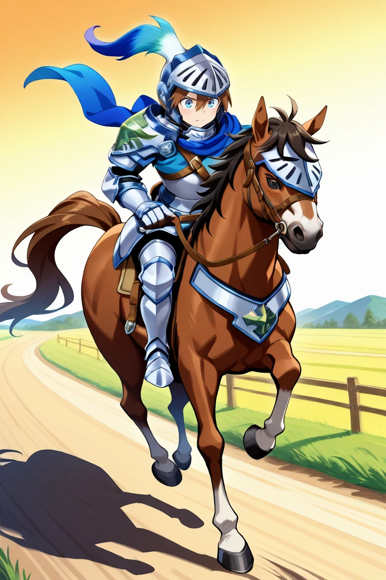 <lora:DurantIL:0.8> , durdef, 1boy, brown hair, short hair, hair between eyes, blue eyes, helmet, blue plume, multicolored plume, visor \(armor\), armor, blue scarf, shoulder belt, single pauldron, shoulder armor, gauntlets, greaves, horseback riding, armored horse, galloping, road, rolling hills, , solo, masterpiece, best quality, amazing quality, very aesthetic, high resolution,