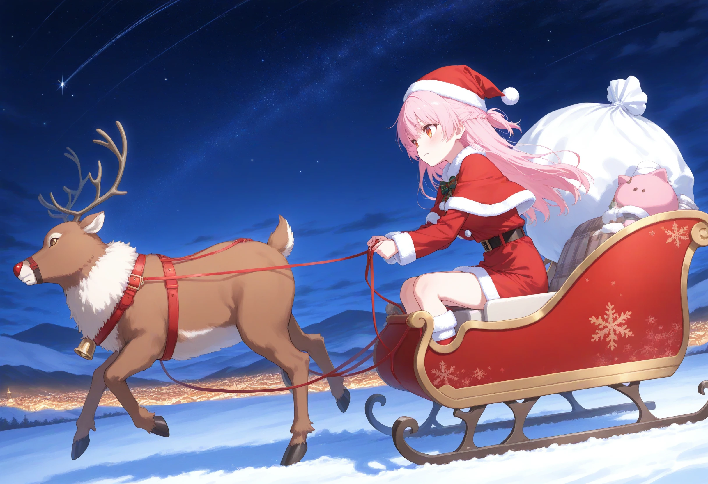 1girl,(sho \(sho lwlw\):0.7),(toosaka asagi:0.5),(sincos:0.3),solo,
masterpiece, best quality, newest, absurdres, CG, anime, source anime, illustration,
medium breasts,
santa hat, santa costume, sleigh, reindeer, capelet, sack, christmas, leash, star (sky), night, starry sky, night sky, flying, sitting, outdoors, <lora:sleigh_Illust_v1:0.8>
from side, full body, looking to the side, pink hair, orange eyes,despair, closed mouth, half updo hair,