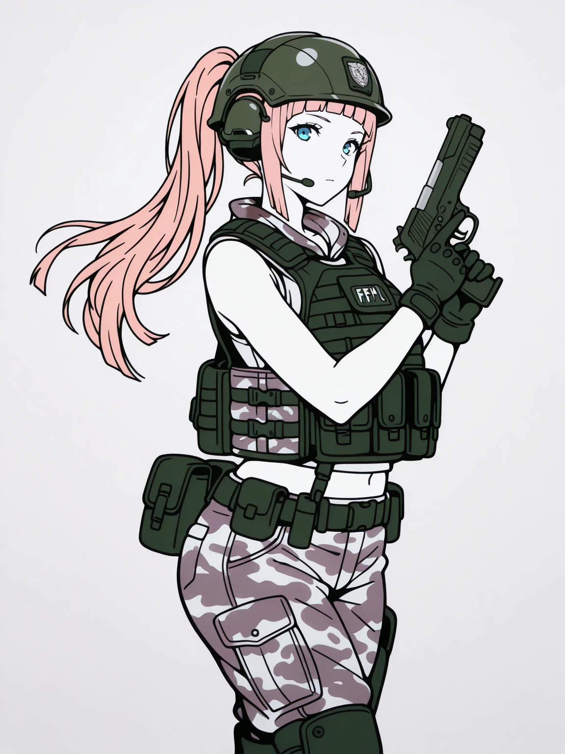 masterpiece, best quality,limited color palette,lineart, vector art,
,cowboy shot,sexy pose,looking at viewer,1girl,solo,
gloves, military, helmet, headset, camouflage, load bearing vest, millitary vest,wearing epTactical,boots,
<lora:edgTacticalILS-000004:1>
<lora:felicia-fe-richy-v1_ixl:1> f1cdf, blue eyes, pink hair, long hair, ponytail, sidelocks, blunt bangs,
firearm,desert eagle,holding weapon,