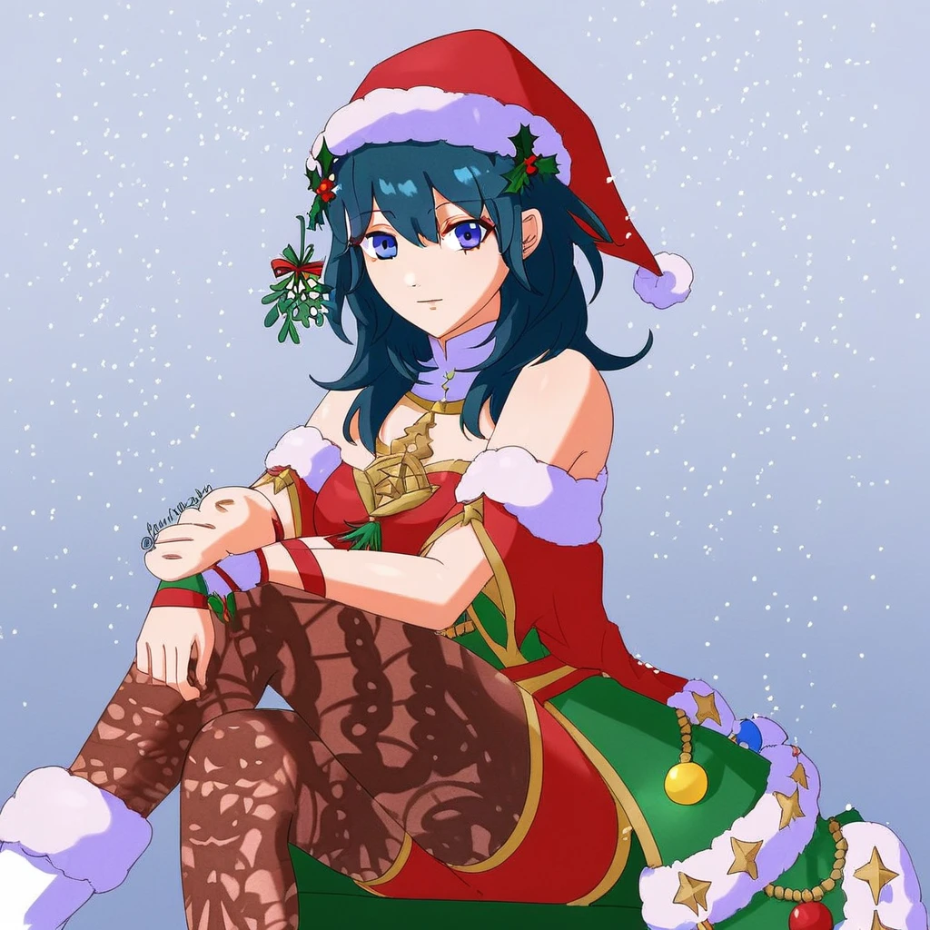 1girl, BylethWinter, santa hat, blue hair, blue eyes, red shorts, pantyhose under shorts, sitting under mistletoe, solo, look at viewer