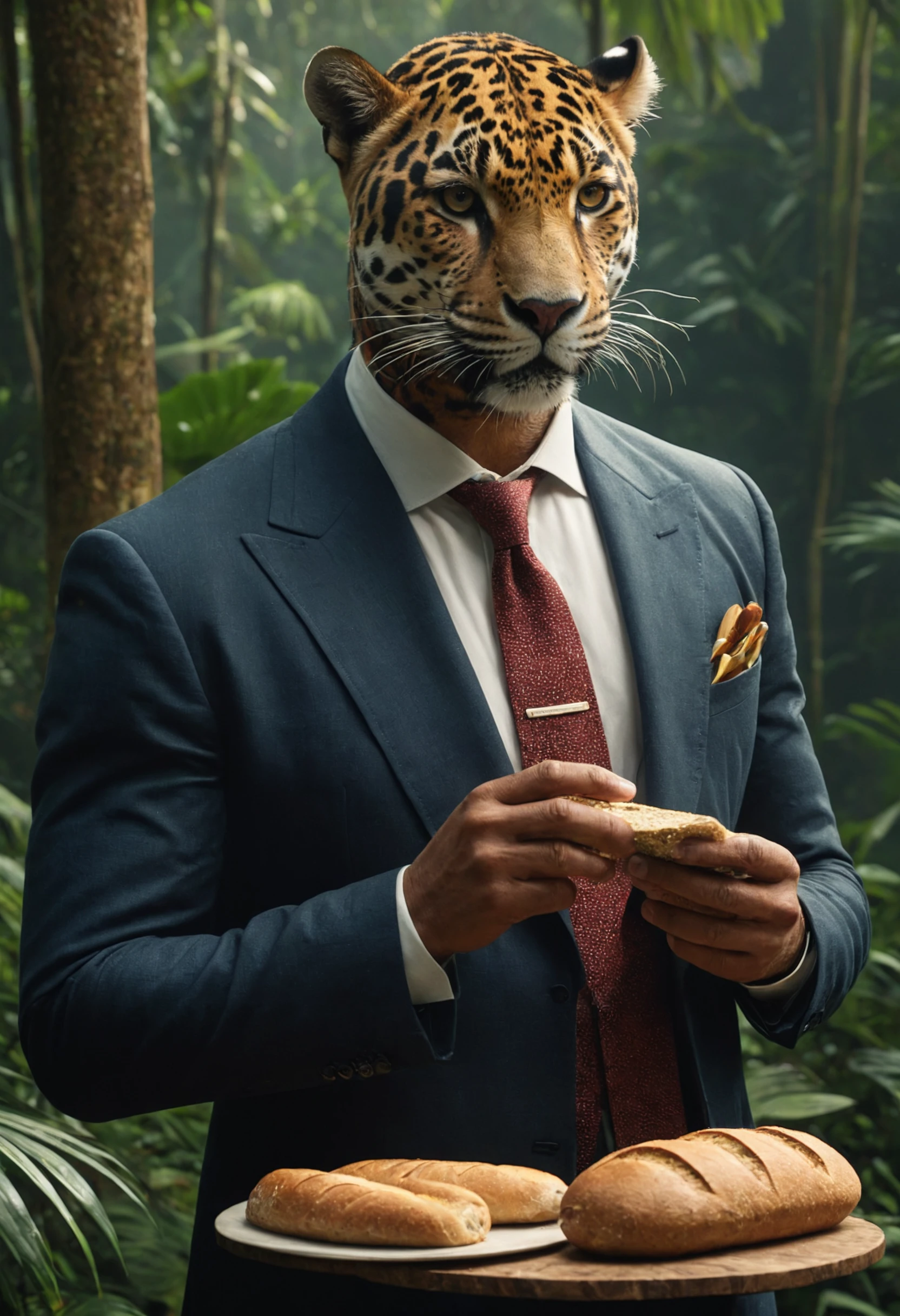 A jaguar man, the CEO of the Pan-Amazonian Corporate Reserve (est. 2047), ponders his next move while holding a piece of bread in one hand and a cigar in the other, while holding a piece of bread in the other, Very detailed, 4K, concept art, trending on artstation