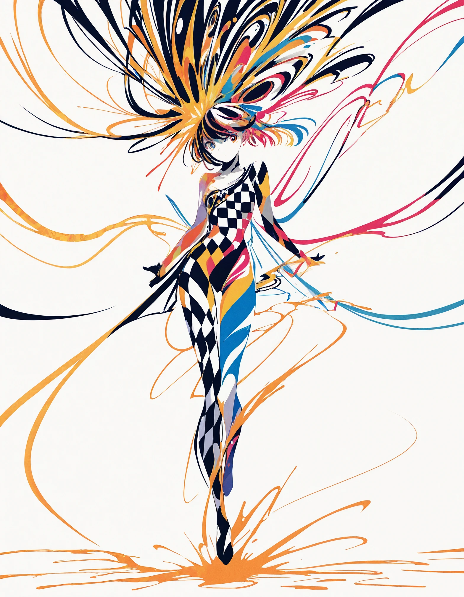 best_quality,masterpiece, <lora:berryverrine_2:1>,b3rr1_illu, abstract, minimalism, Vibrant anime character, explosion of colors, abstract geometric shapes, dynamic pose, swirling patterns, floating spheres, checkered patterns, surreal art, digital illustration, colorful ribbons, energetic composition, fluid motion, psychedelic style, white background, contrasting colors, whimsical design, anime-inspired, visual chaos, playful elements, artistic expression