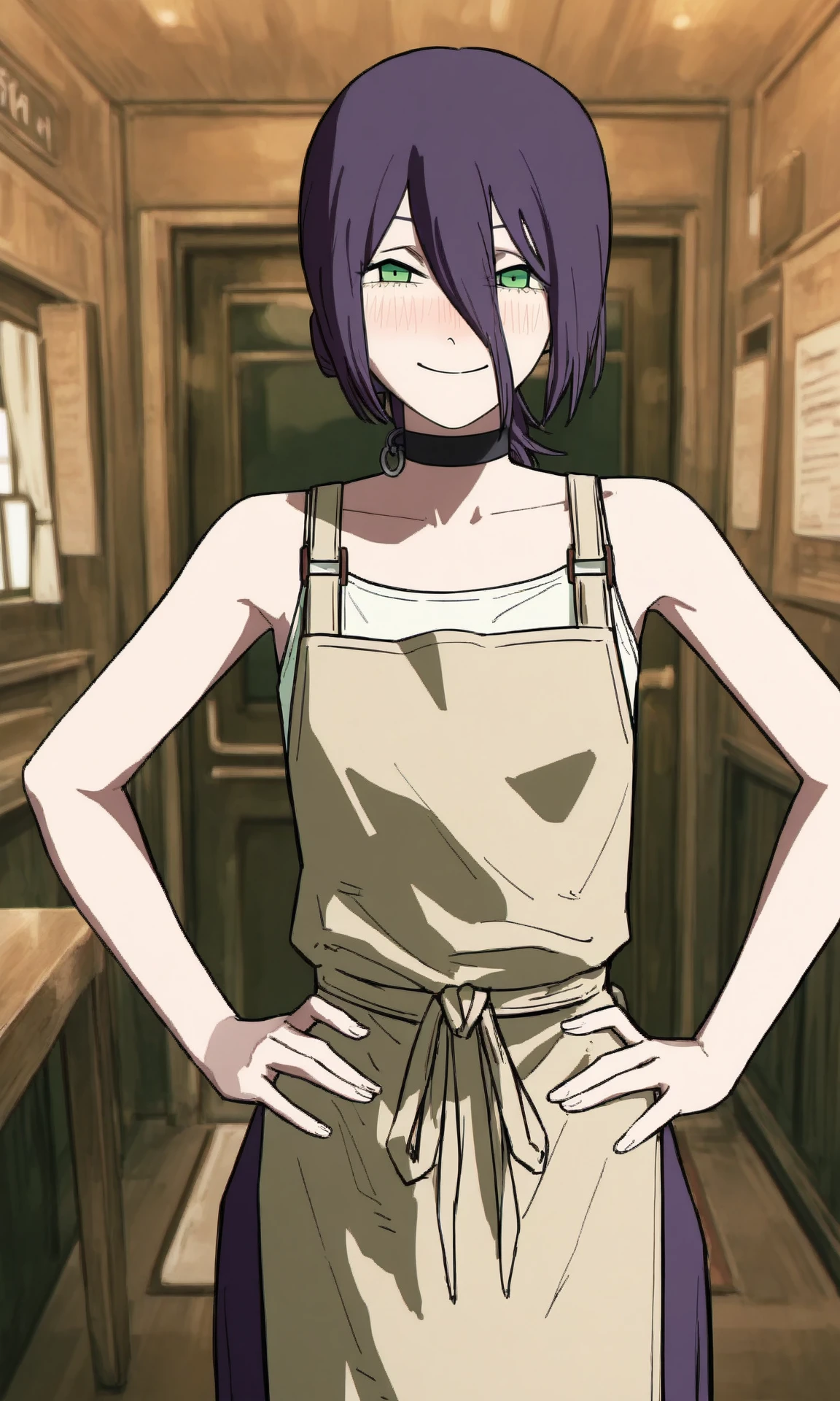 reze \(chainsaw man\), rezeanime, chainsaw man, 1girl, green eyes, medium hair, hair between eyes, single hair bun, choker, narrowed eyes, blush, smile, nose blush, beige apron, bare shoulders, sundress, purple dress, undershirt, white undershirt, table, restaurant, door, hands on hips, interior, cowboy shot, mature female skinny, (masterpiece, best quality, very awa, recent:1.0)