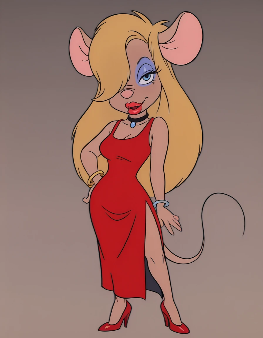 <lora:GadgetIllustrious1.0JLFO:1.0> GadgetHW, blonde hair, naughty face, solo, furry female, mouse tail,simple background, furry, red dress, makeup, red high heels, long hair, jewelry, bracelet, hair over one eye, breasts, 1girl, mouse girl, mouse ears, side slit, eyeshadow, lipstick, looking at viewer, blue eyes, choker, red lips, full body, standing,black choker, looking at viewer, cowboy shot