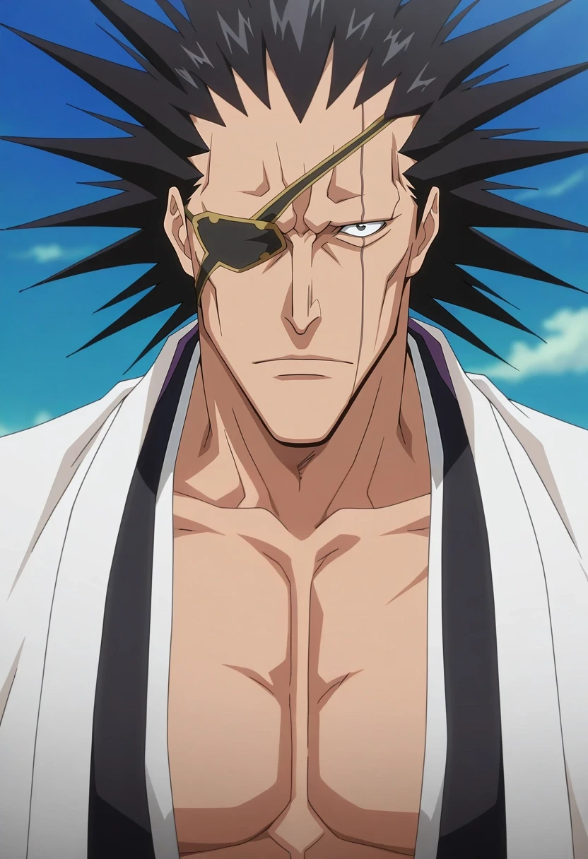 masterpiece, best quality, intricate details, anime screencap, anime coloring, , looking at viewer, , 1boy, solo, male focus, <lora:kenpachi_zaraki_ilxl:0.98>, kenpachi_zaraki, black hair, black eyes, spiked hair, , eyepatch, , ,