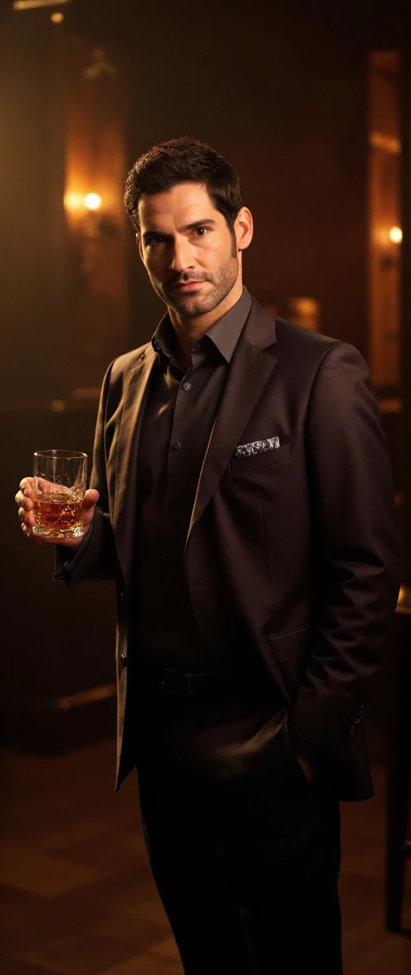 <lora:Lucifer:0.9> lucifer, full body, a man with facial hair, wears a suit and holds a glass of  wisky in a pub