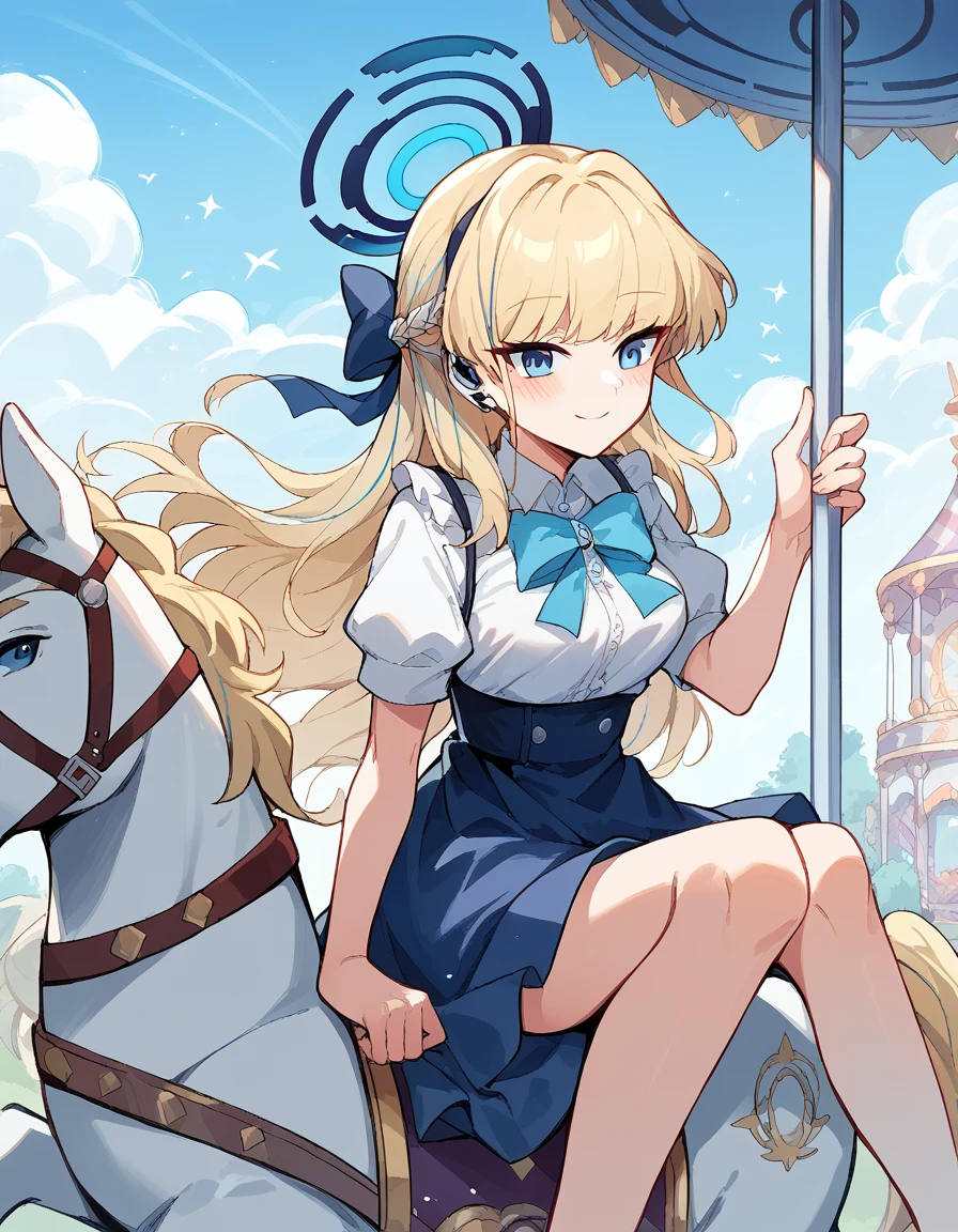 score_9, score_8_up, score_7_up, source_anime, <lora:toki-asuma-ponyxl-lora-nochekaiser:1> toki, blonde hair, blue eyes, long hair, halo, medium breasts, <lora:carousel-ponyxl-lora-nochekaiser:1>, carousel, sitting, riding,, blush, smile, casual dress, solo,,