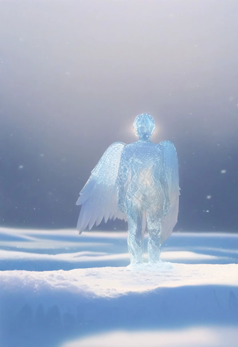 A raw photo, realistic, close-up view of a female angel ice sculpture standing in a snow field, the sculpture is made entirely of intricate ice crystals, translucent, sharp detail, ice texture visible, human-like figure, feathered wings made of delicate ice shards, soft, diffused natural lighting, shallow depth of field, focus on the ice sculpture, snow covered ground, photo quality, high resolution, ultrarealistic, hyperrealism, 8k, masterpiece, volumetric lighting, candid shot, no visible supports or base