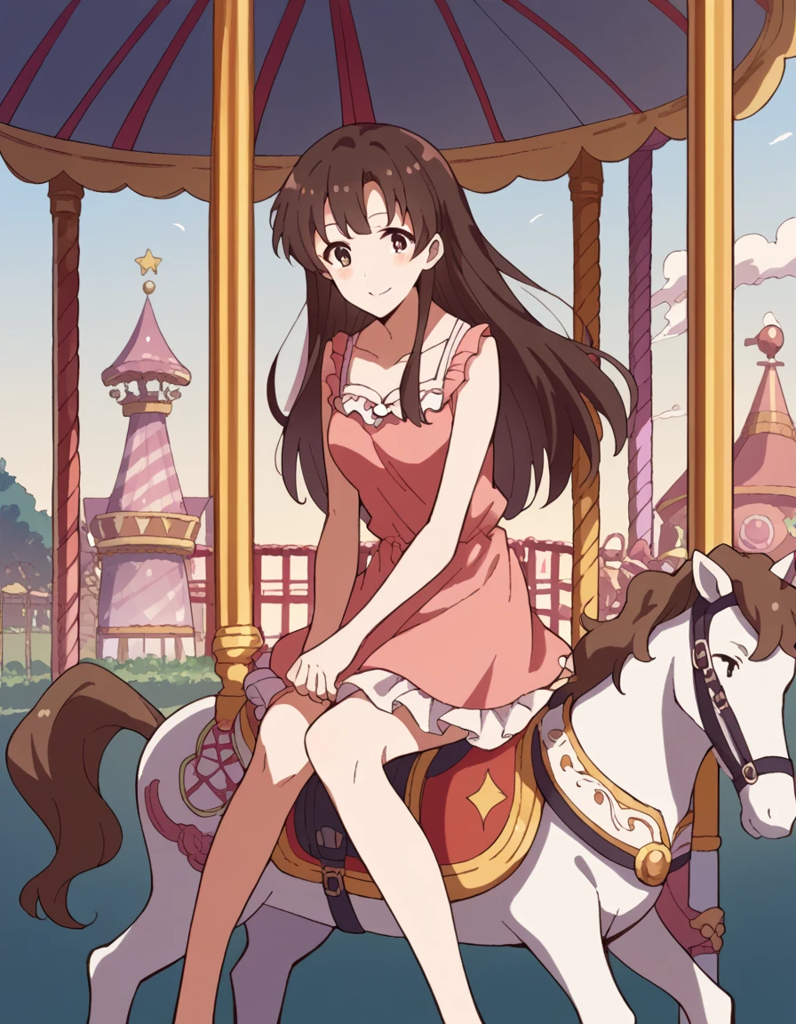 score_9, score_8_up, score_7_up, source_anime, <lora:megumi-katou-s2-ponyxl-lora-nochekaiser:1>, megumi katou, brown hair, brown eyes, long hair, medium breasts,, <lora:carousel-ponyxl-lora-nochekaiser:1>, carousel, sitting, riding,, blush, smile, casual dress, solo,,