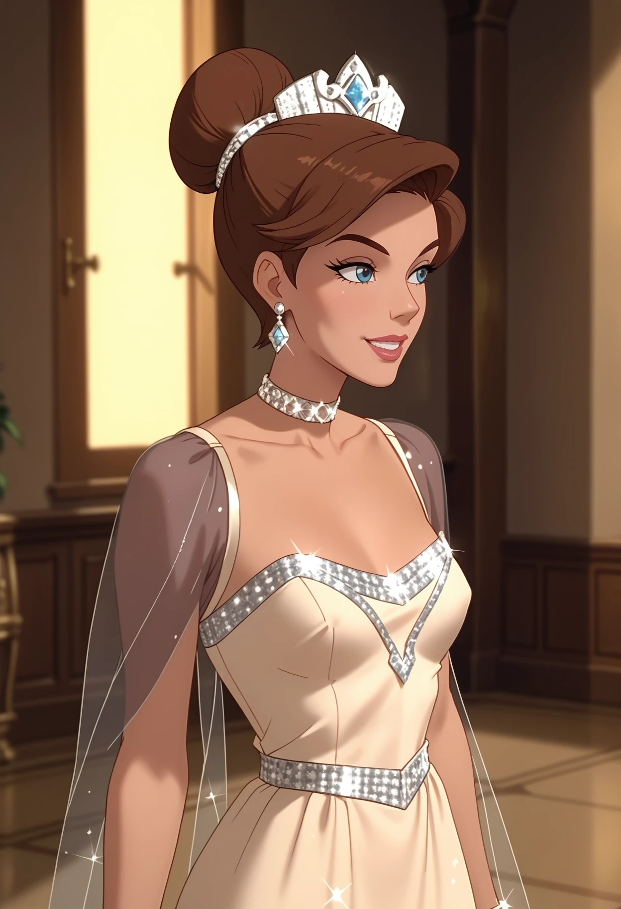 score_9, score_8_up, score_7_up, score_6_up, score_5_up, <lora:NM_anastasia:1>, BREAK NM_anastasia, 1girl, solo, jewelry, brown hair, dress, earrings, dark-skinned female, dark skin, smile, short hair, hair bun, see-through