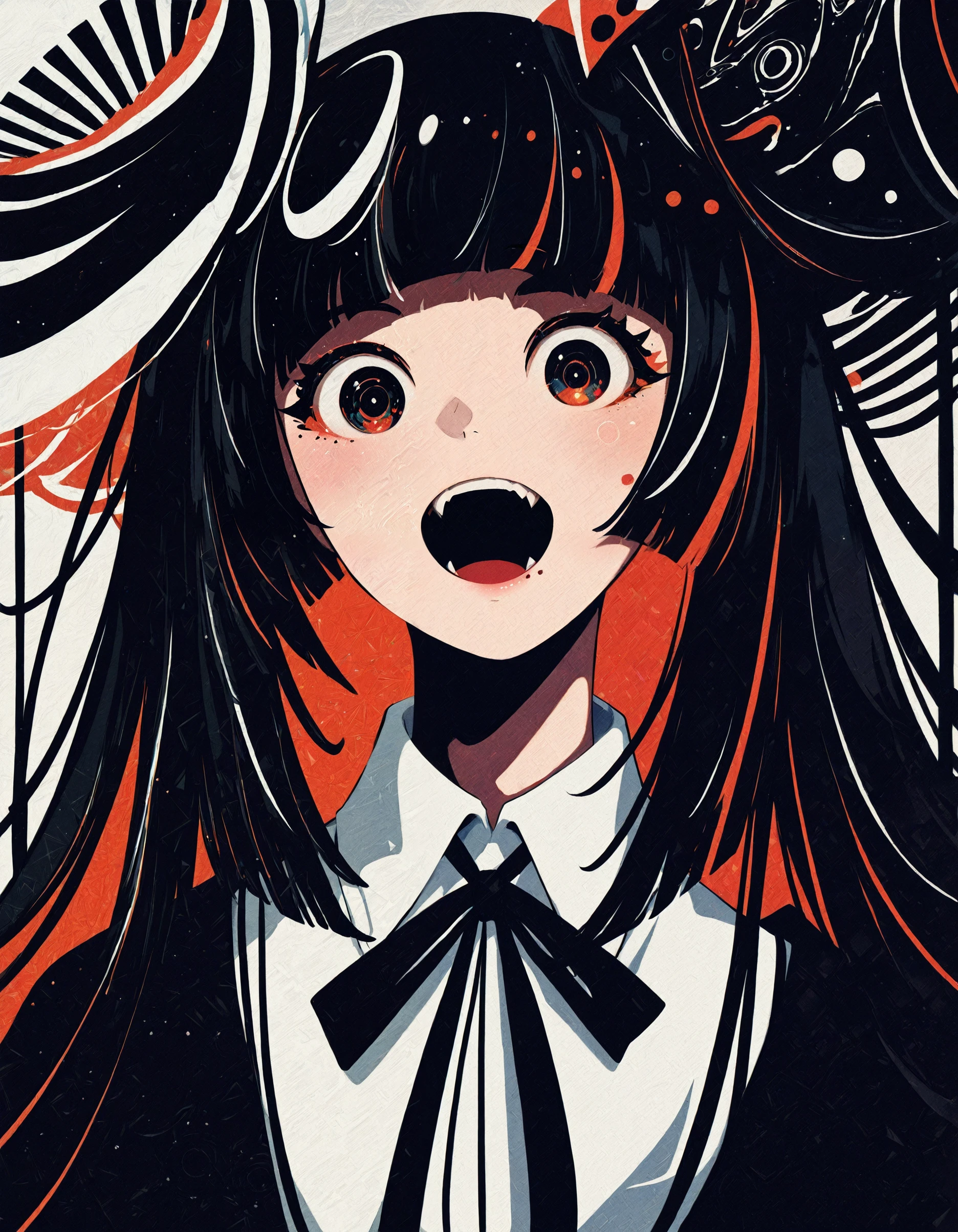 best_quality,masterpiece, <lora:berryverrine_2:1>,b3rr1_illu, abstract, minimalism,Abstract character,  geometric shapes,surreal composition, black hair, open mouth, looking at viewer, bangs, long hair, fangs, portrait, teeth, ribbon, neck ribbon, shirt, blunt bangs, collared shirt