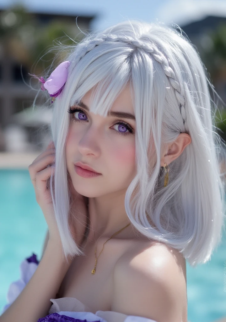 RealEmiliaFlux, purple eye, white hair, <lora:RealEmiliaFlux:1>