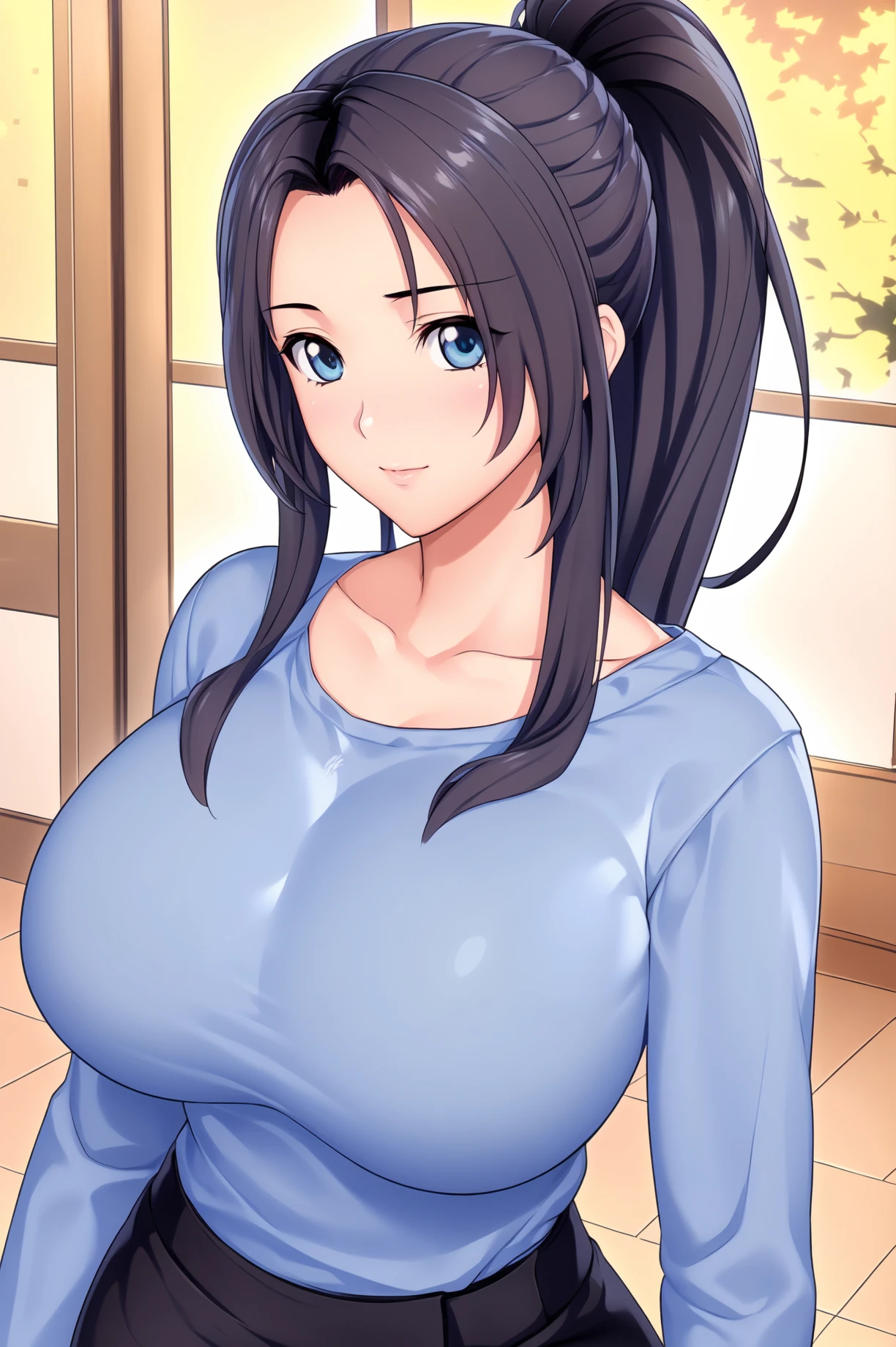 winter, 
dynamic pose,standing at attention,
Blue shirt, long sleeves, Black pencil skirt, 
<lora:Yamato_ZMilf_KK77-KK77-V1:0.7>, Yamato_ZMilf_KK77, collarbone,
blue eyes, black hair,bangs,Long hair, forehead,sidelocks, ponytail, 
<lora:more_details:0.1>,<lora:NovelAI_YesMix5_KKStyle-KK77-Yes5-V1:0.3>,<lora:Oda_Non_Style2-KK77-Yes5-V1:0.3>,
1 girl, 20yo,Young female,Beautiful long legs,Beautiful body,
Beautiful Nose,Beautiful character design, perfect eyes, perfect face,expressive eyes,perfect balance,
looking at viewer,(Focus on her face),closed mouth, (innocent_big_eyes:1.0),
official art,extremely detailed CG unity 8k wallpaper, perfect lighting,Colorful, Bright_Front_face_Lighting,White skin,
(masterpiece:1.0),(best_quality:1.0), ultra high res,4K,ultra-detailed,
photography, 8K, HDR, highres, absurdres:1.2, Kodak portra 400, film grain, blurry background, bokeh:1.2, lens flare, (vibrant_color:1.2),professional photograph,
(Beautiful,large_Breasts:1.4), (beautiful_face:1.5),(narrow_waist),