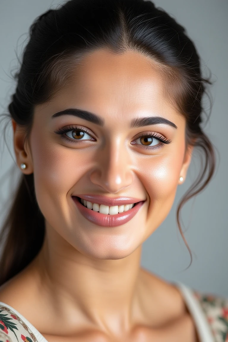 High quality realistic beauty shot of anushkasflx. A close-up shot of a woman. Her hair is pulled back. The backdrop is a light gray. She is giving a beautiful smile.